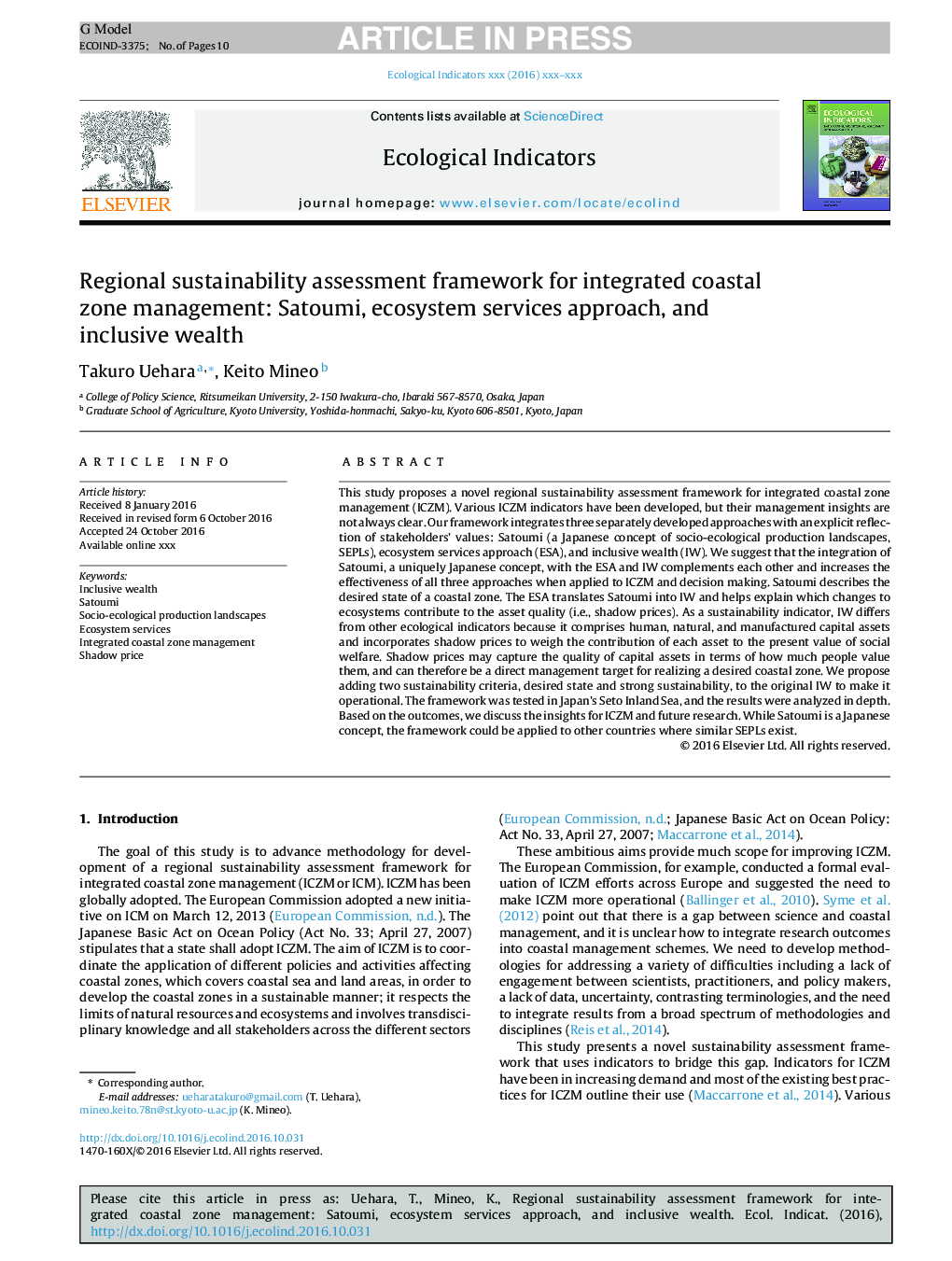 Regional sustainability assessment framework for integrated coastal zone management: Satoumi, ecosystem services approach, and inclusive wealth