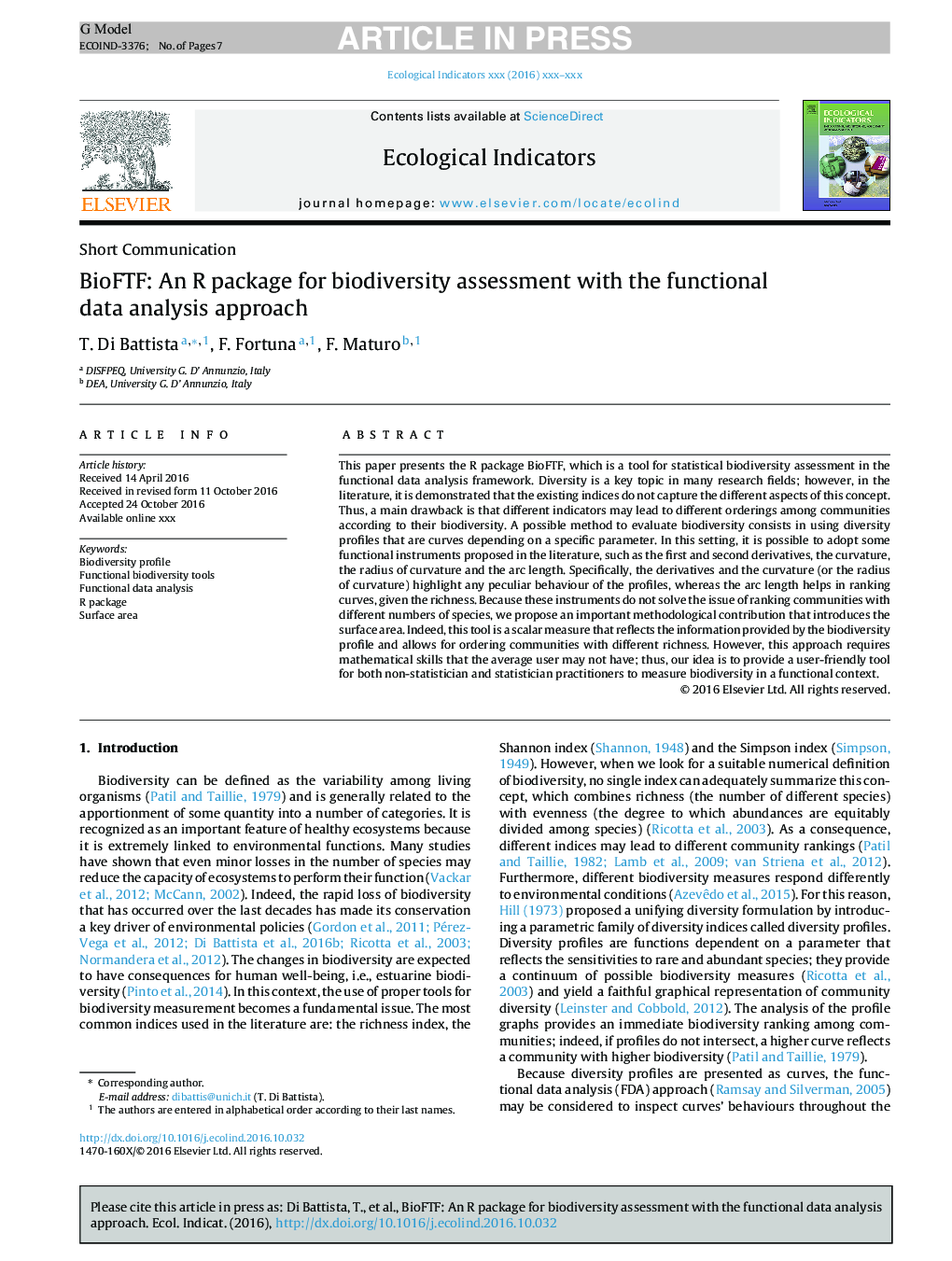 BioFTF: An R package for biodiversity assessment with the functional data analysis approach