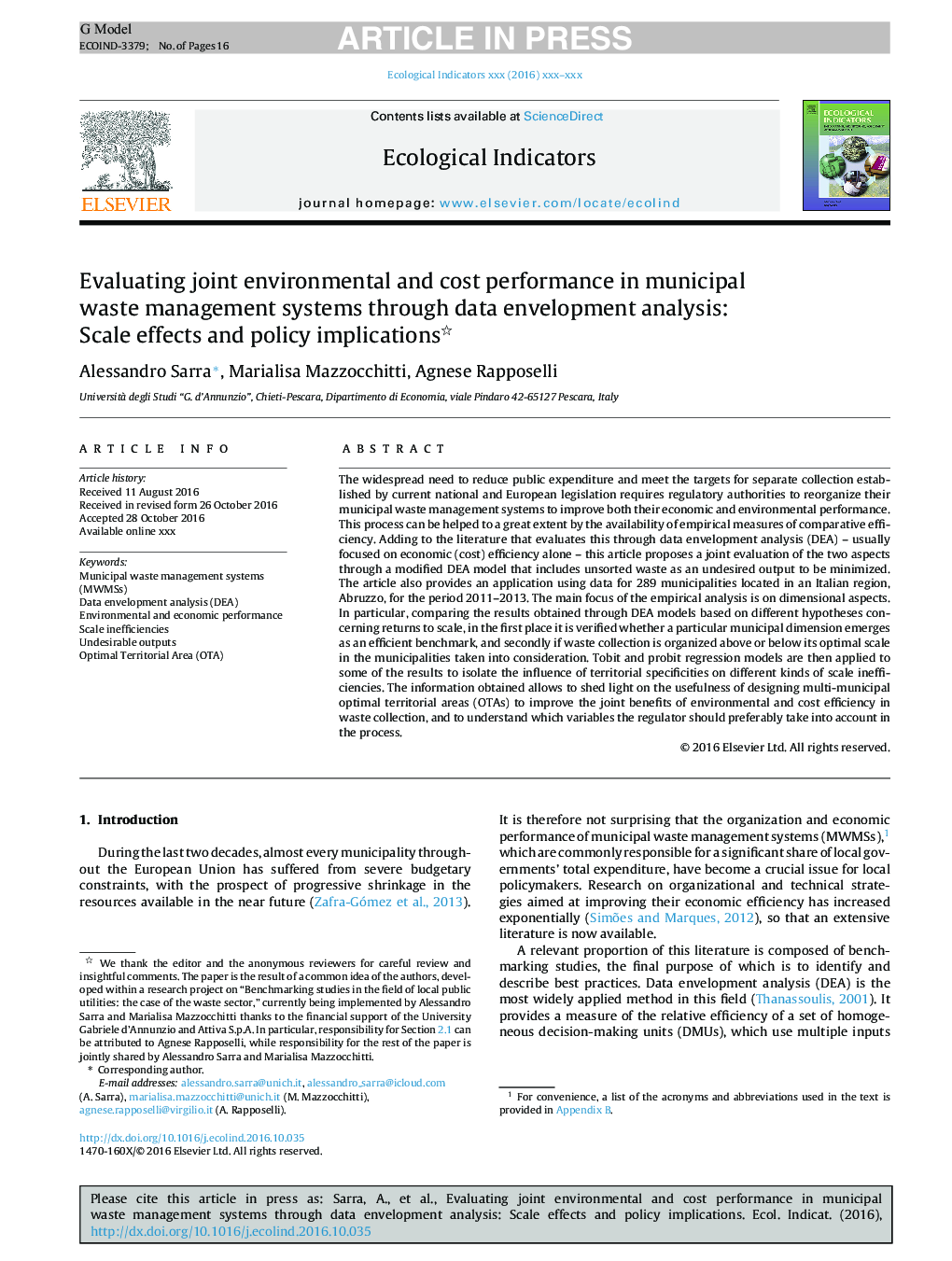 Evaluating joint environmental and cost performance in municipal waste management systems through data envelopment analysis: Scale effects and policy implications
