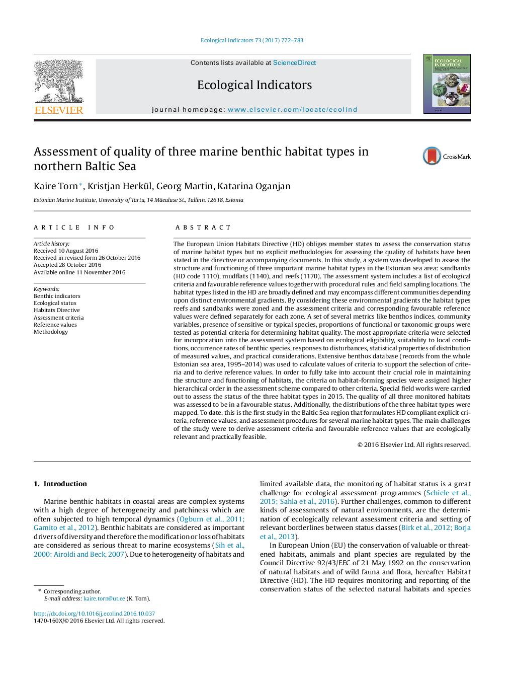 Assessment of quality of three marine benthic habitat types in northern Baltic Sea