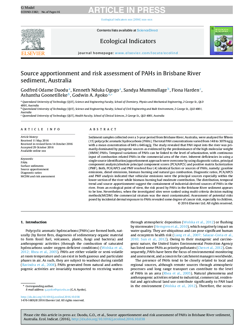 Source apportionment and risk assessment of PAHs in Brisbane River sediment, Australia