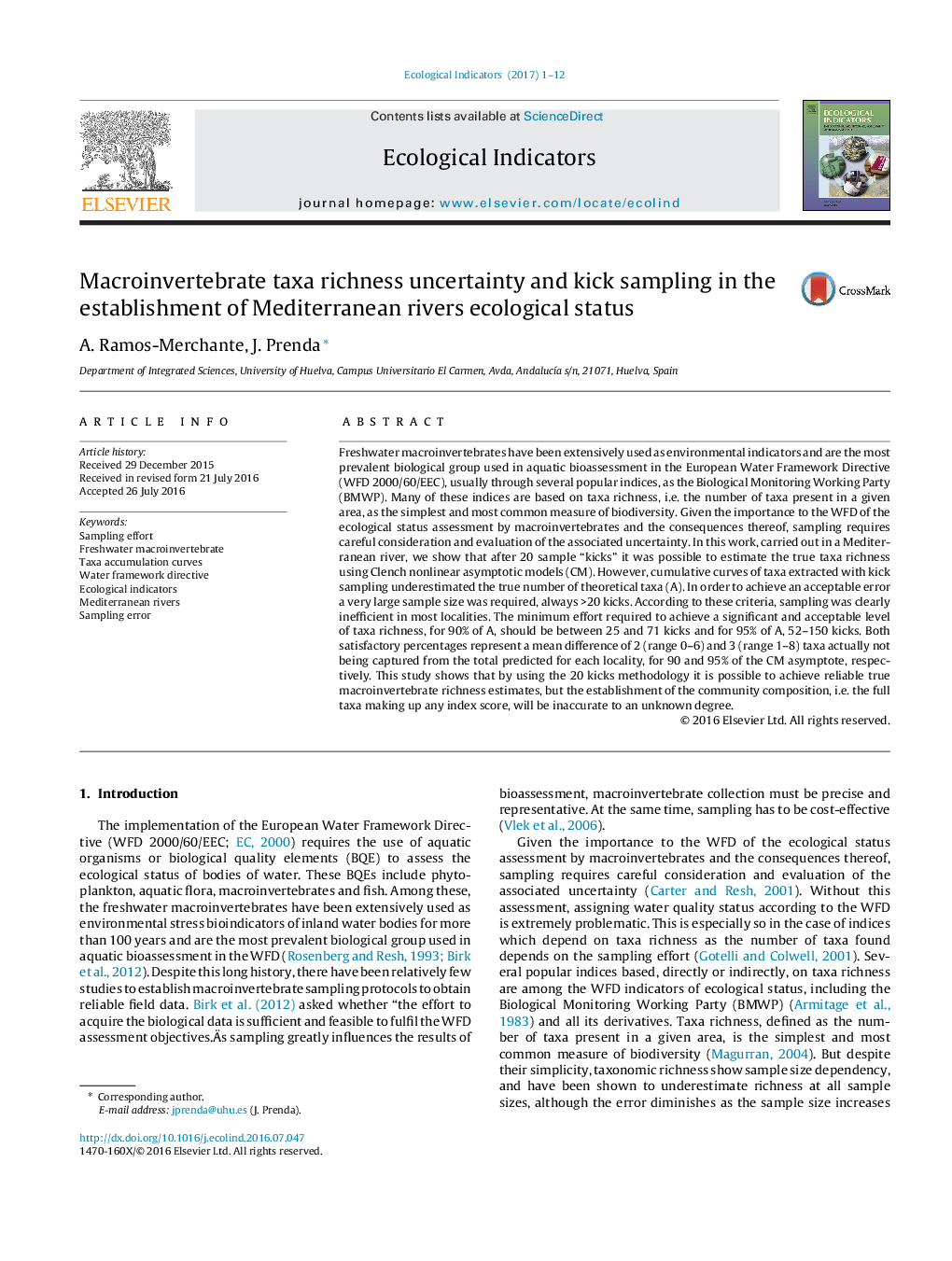 Macroinvertebrate taxa richness uncertainty and kick sampling in the establishment of Mediterranean rivers ecological status