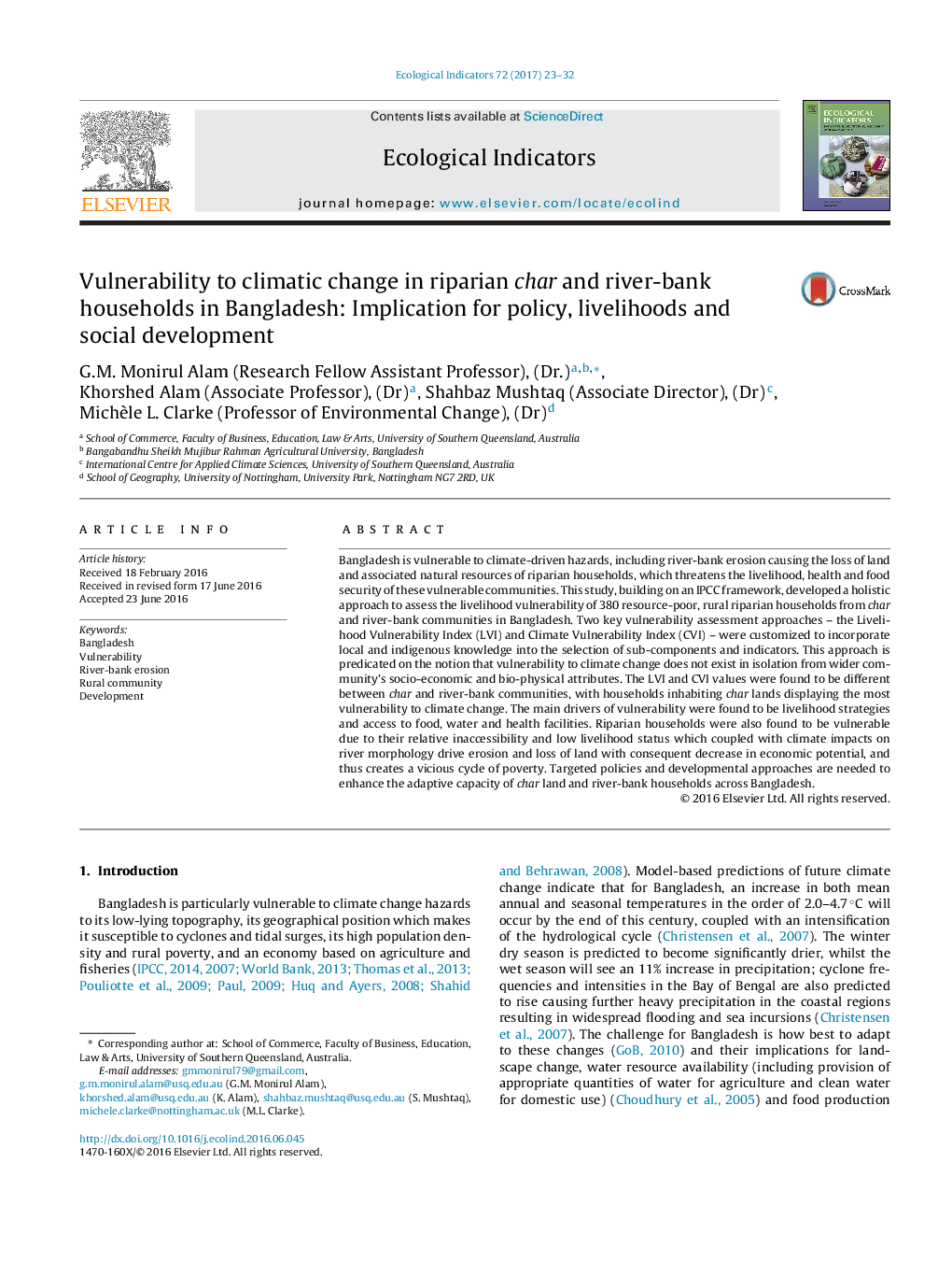 Vulnerability to climatic change in riparian char and river-bank households in Bangladesh: Implication for policy, livelihoods and social development