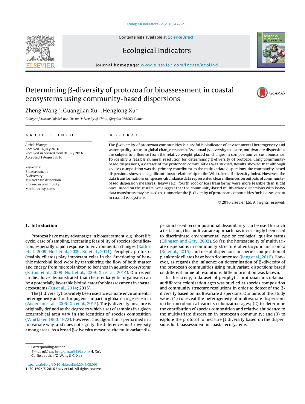 Determining Î²-diversity of protozoa for bioassessment in coastal ecosystems using community-based dispersions