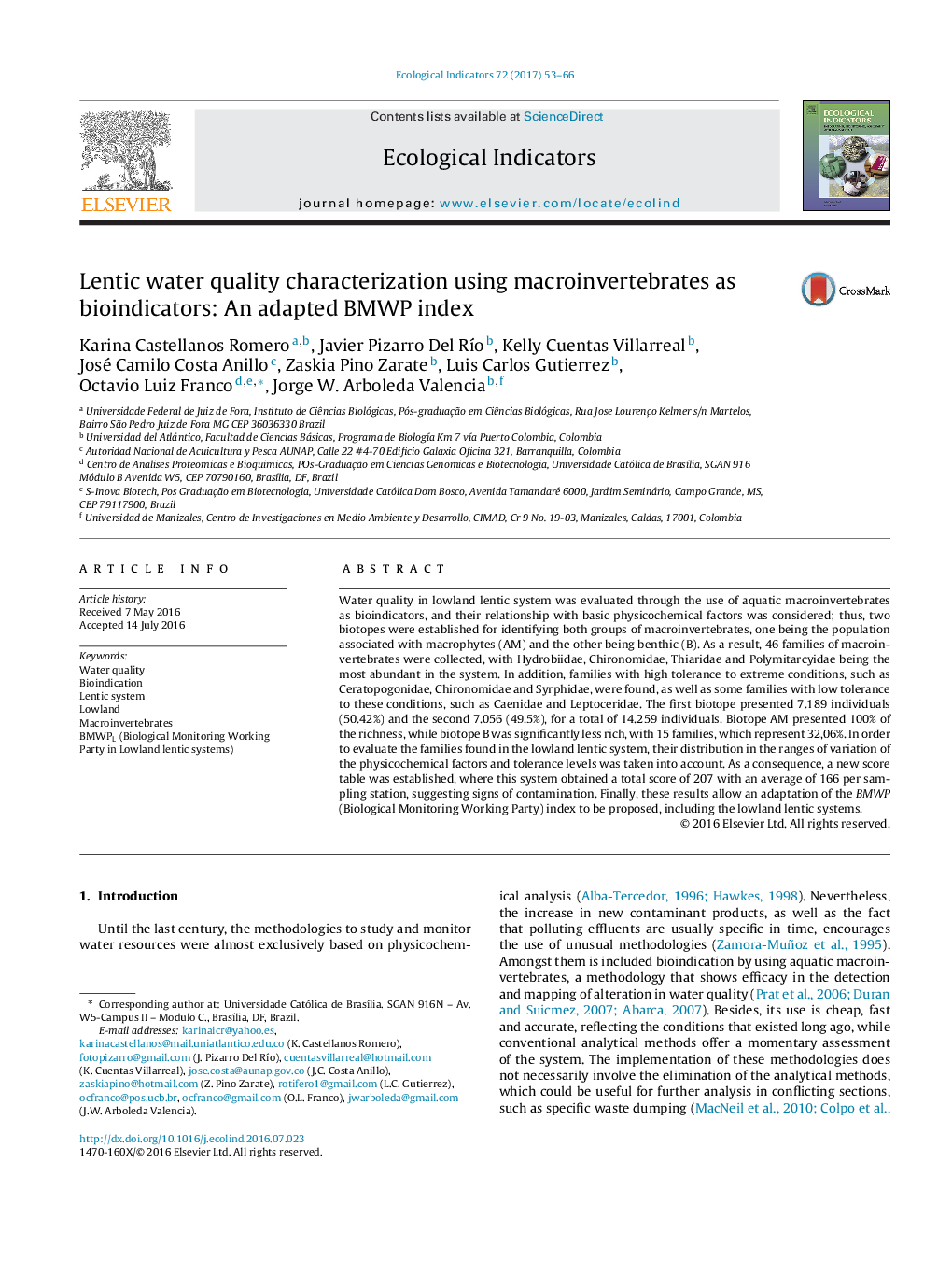 Lentic water quality characterization using macroinvertebrates as bioindicators: An adapted BMWP index