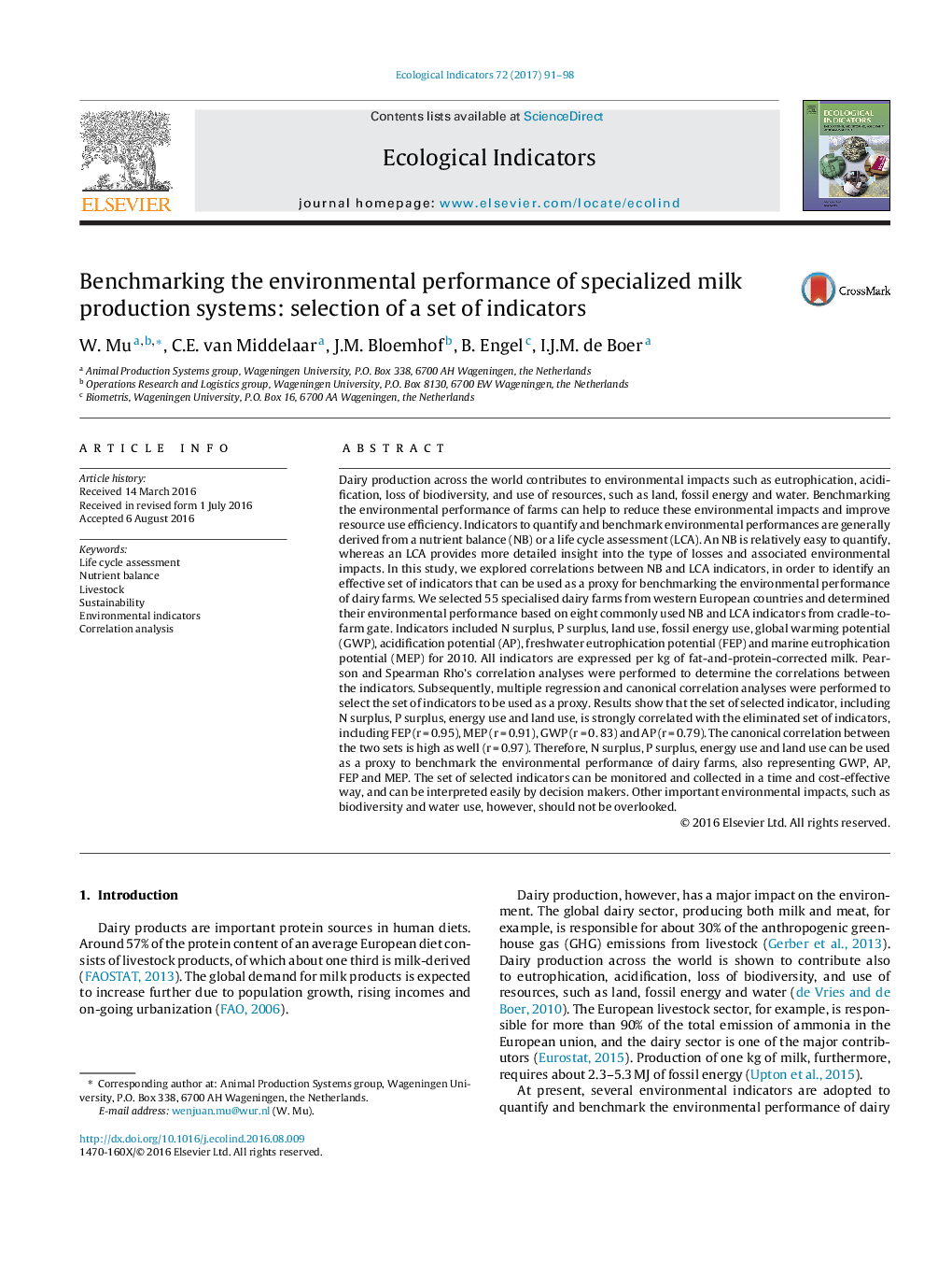 Benchmarking the environmental performance of specialized milk production systems: selection of a set of indicators