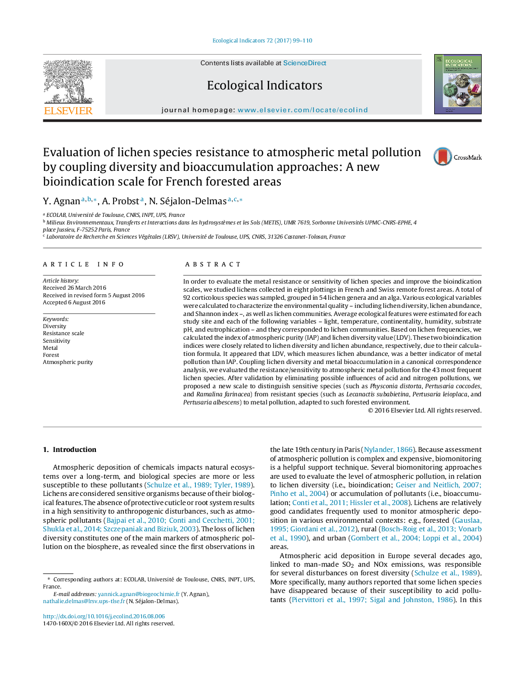 Evaluation of lichen species resistance to atmospheric metal pollution by coupling diversity and bioaccumulation approaches: A new bioindication scale for French forested areas