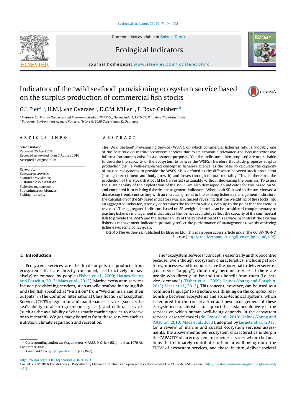 Indicators of the 'wild seafood' provisioning ecosystem service based on the surplus production of commercial fish stocks