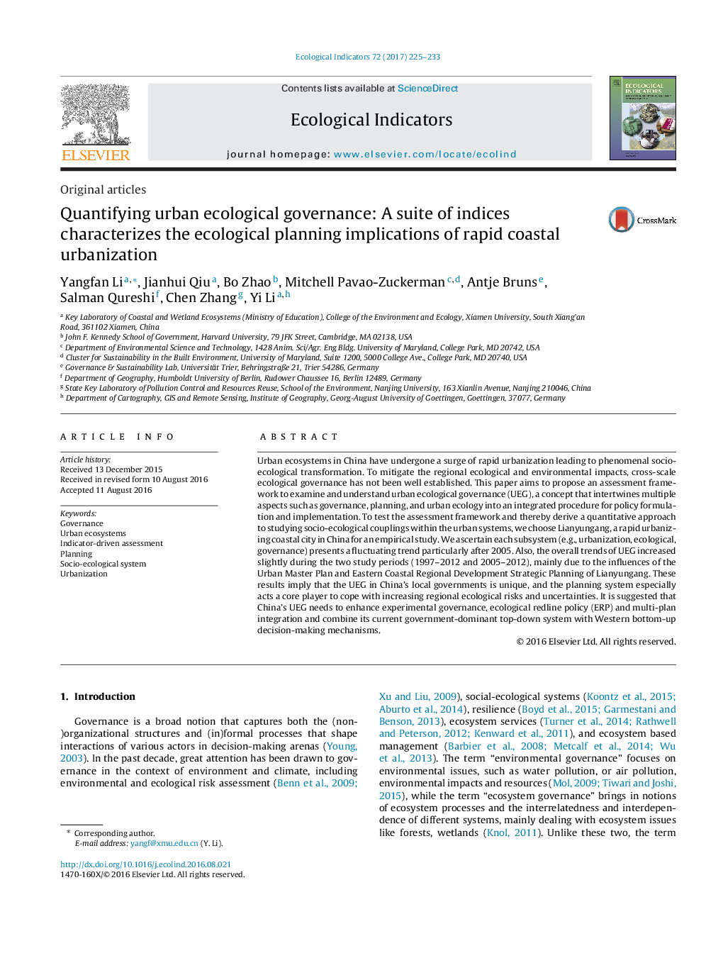 Quantifying urban ecological governance: A suite of indices characterizes the ecological planning implications of rapid coastal urbanization