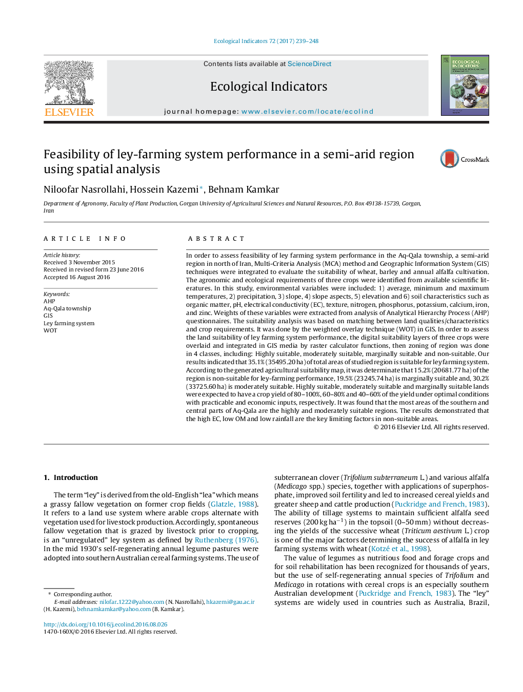 Feasibility of ley-farming system performance in a semi-arid region using spatial analysis