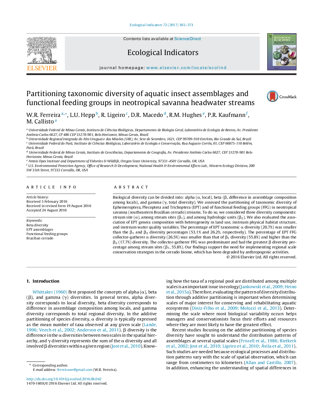 Partitioning taxonomic diversity of aquatic insect assemblages and functional feeding groups in neotropical savanna headwater streams