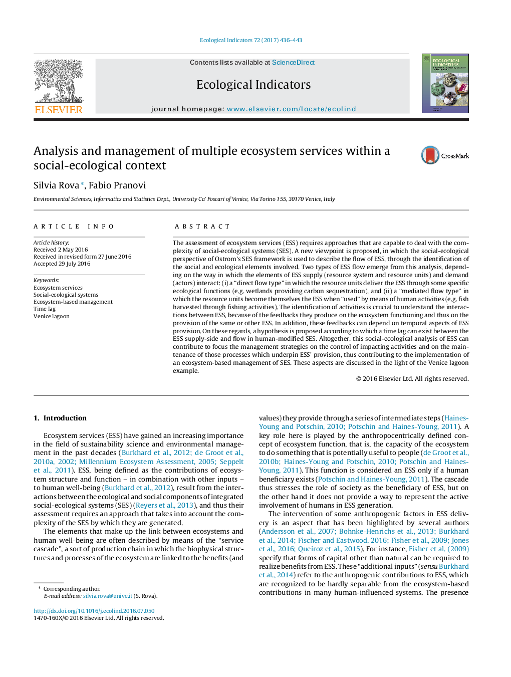 Analysis and management of multiple ecosystem services within a social-ecological context