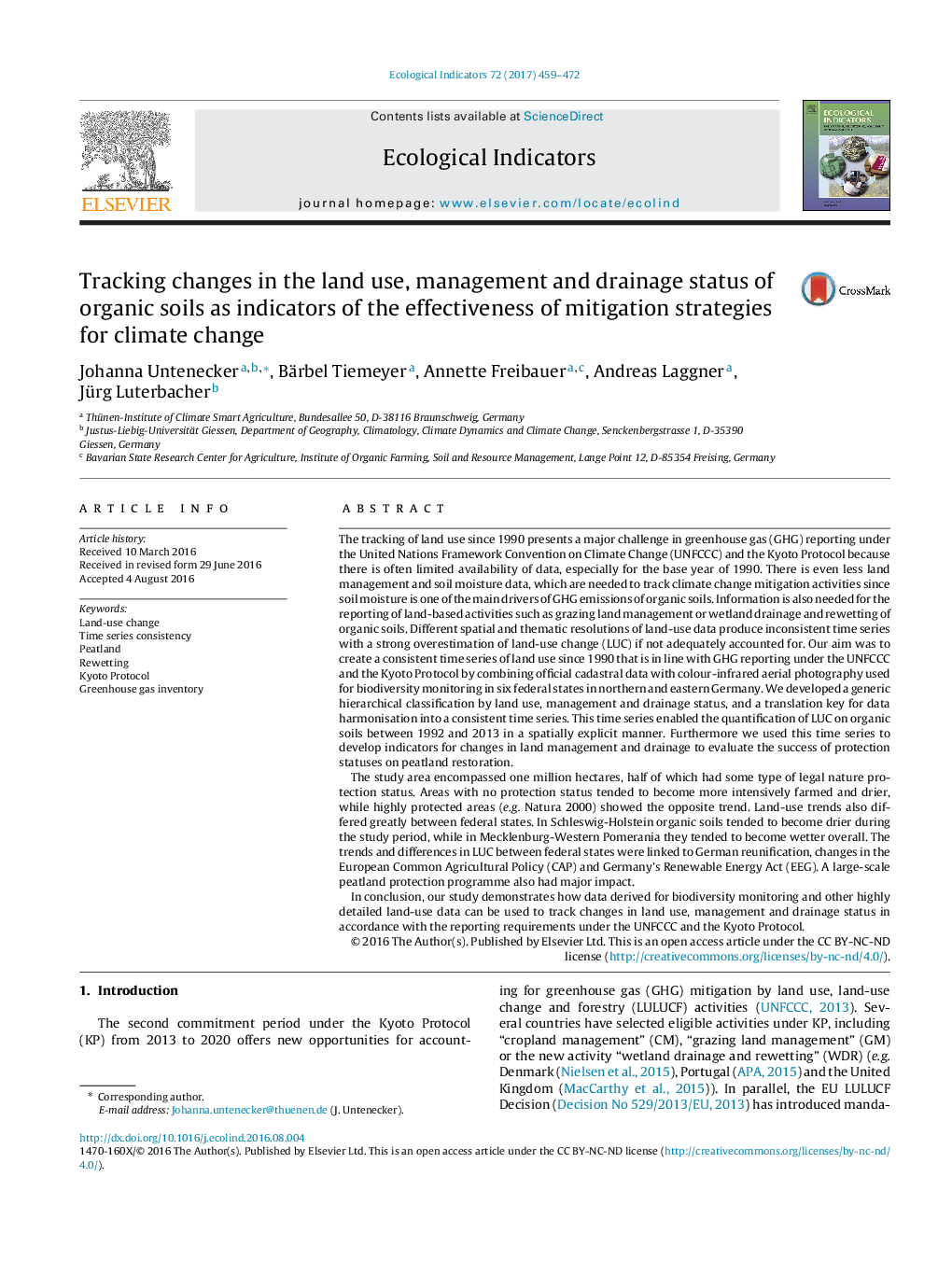 Tracking changes in the land use, management and drainage status of organic soils as indicators of the effectiveness of mitigation strategies for climate change