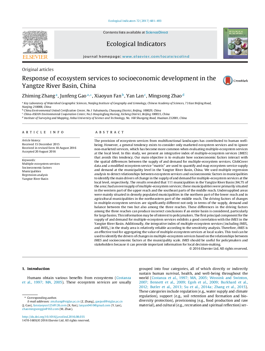 Response of ecosystem services to socioeconomic development in the Yangtze River Basin, China