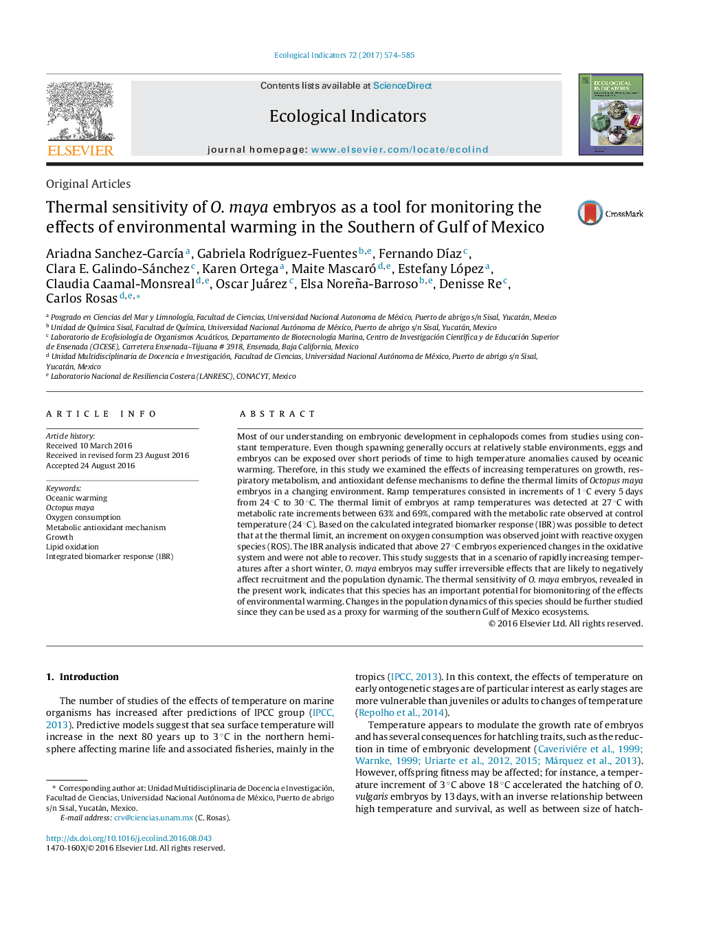 Thermal sensitivity of O. maya embryos as a tool for monitoring the effects of environmental warming in the Southern of Gulf of Mexico