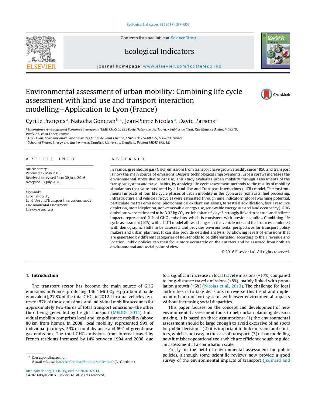 Environmental assessment of urban mobility: Combining life cycle assessment with land-use and transport interaction modelling-Application to Lyon (France)