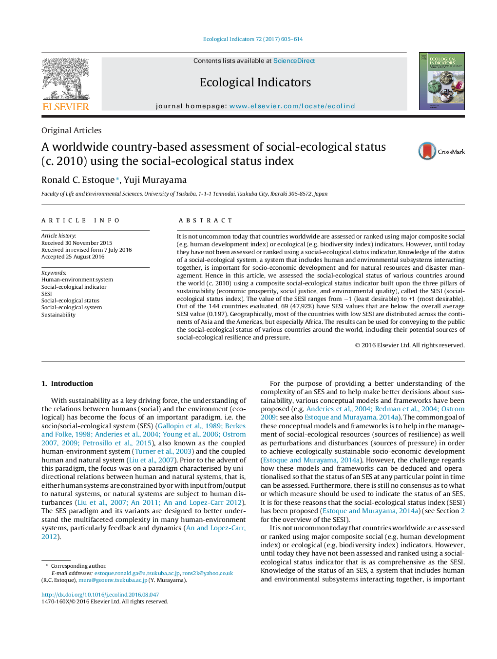 A worldwide country-based assessment of social-ecological status (c. 2010) using the social-ecological status index