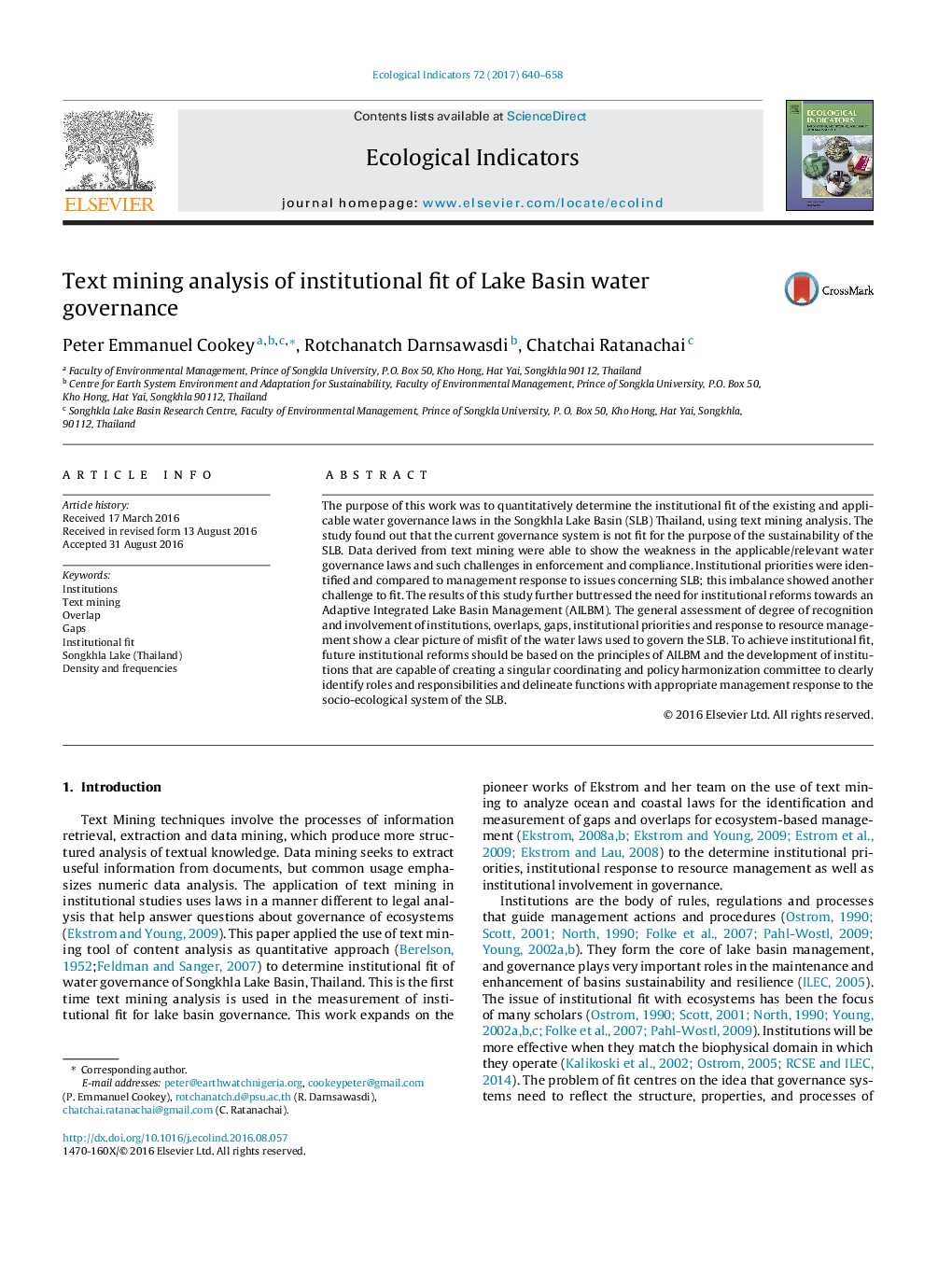 Text mining analysis of institutional fit of Lake Basin water governance