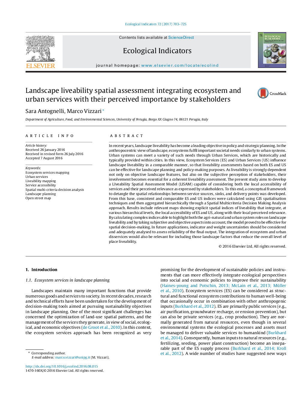 Landscape liveability spatial assessment integrating ecosystem and urban services with their perceived importance by stakeholders