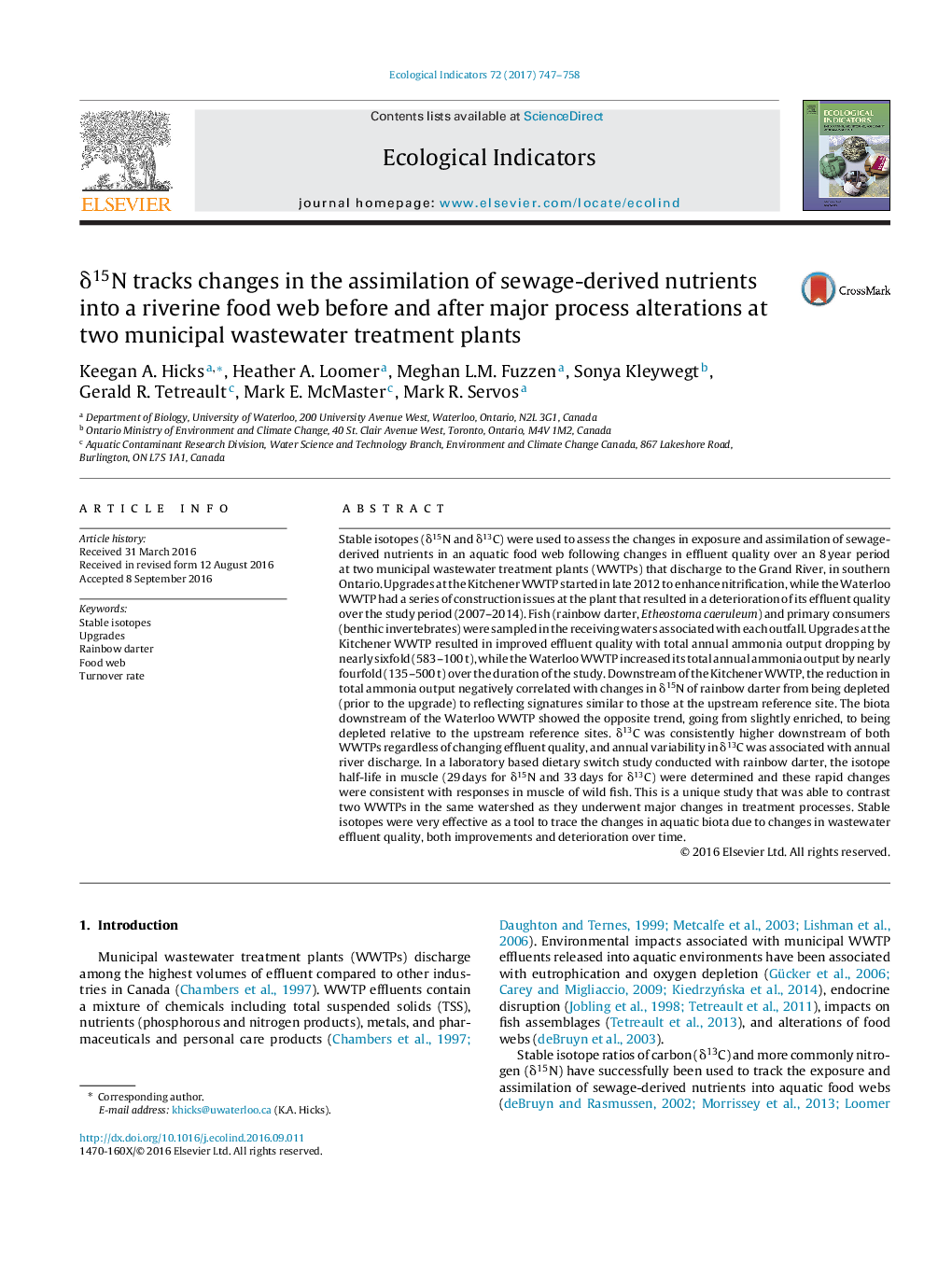 Î´15N tracks changes in the assimilation of sewage-derived nutrients into a riverine food web before and after major process alterations at two municipal wastewater treatment plants