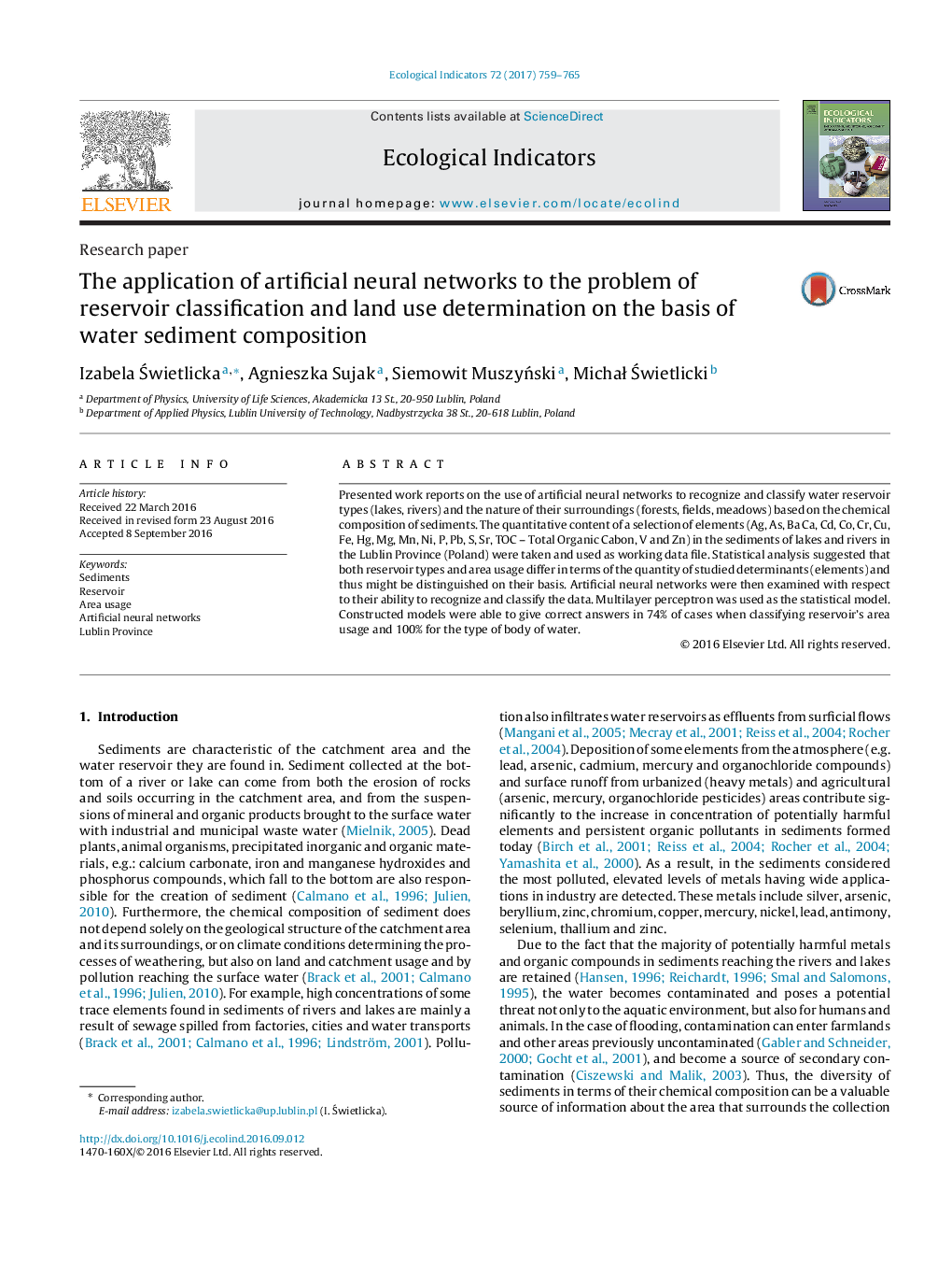 The application of artificial neural networks to the problem of reservoir classification and land use determination on the basis of water sediment composition