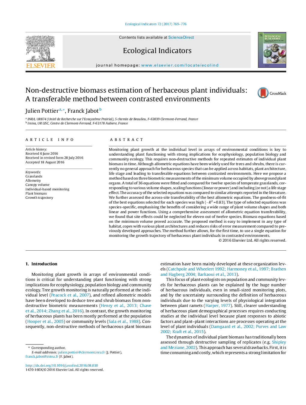 Non-destructive biomass estimation of herbaceous plant individuals: A transferable method between contrasted environments