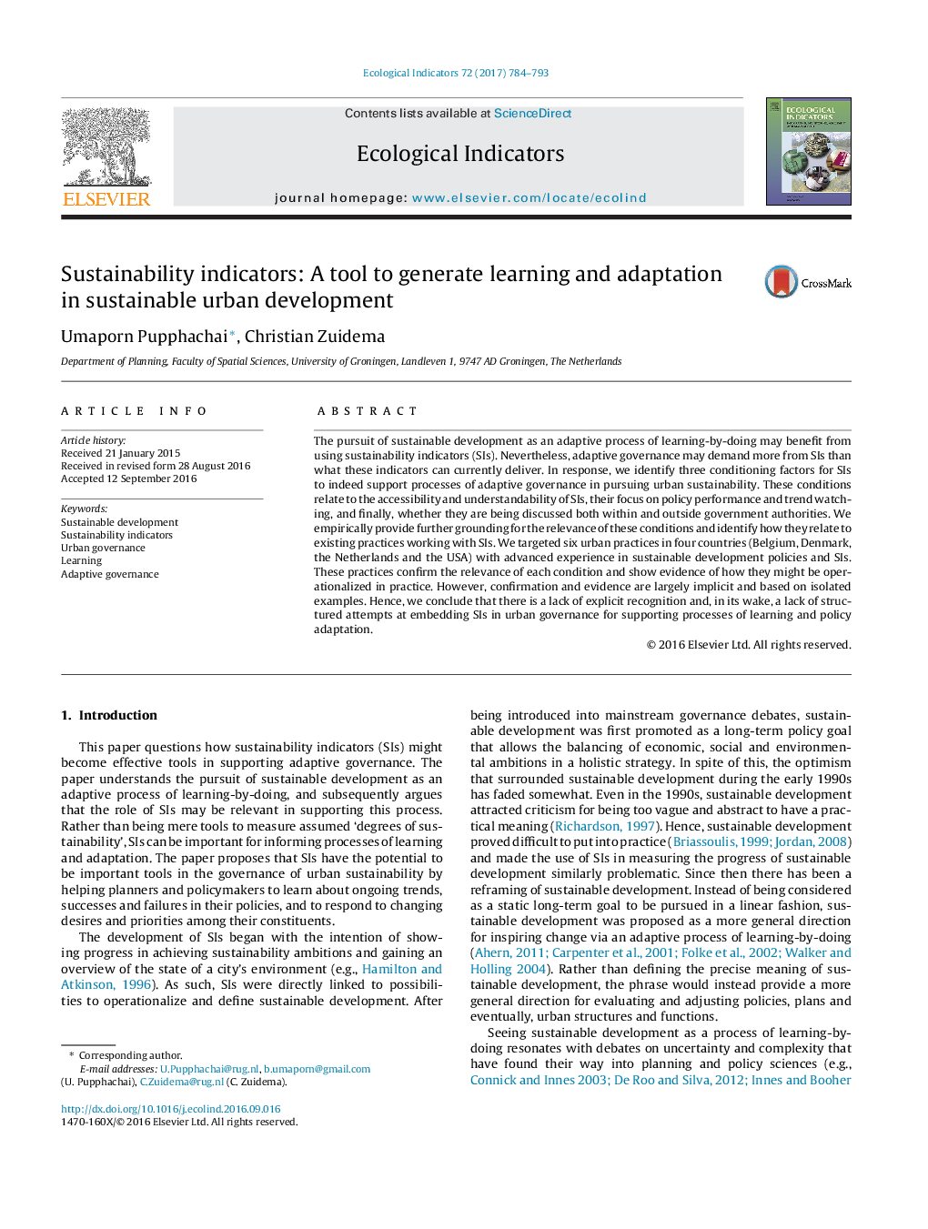 Sustainability indicators: A tool to generate learning and adaptation in sustainable urban development