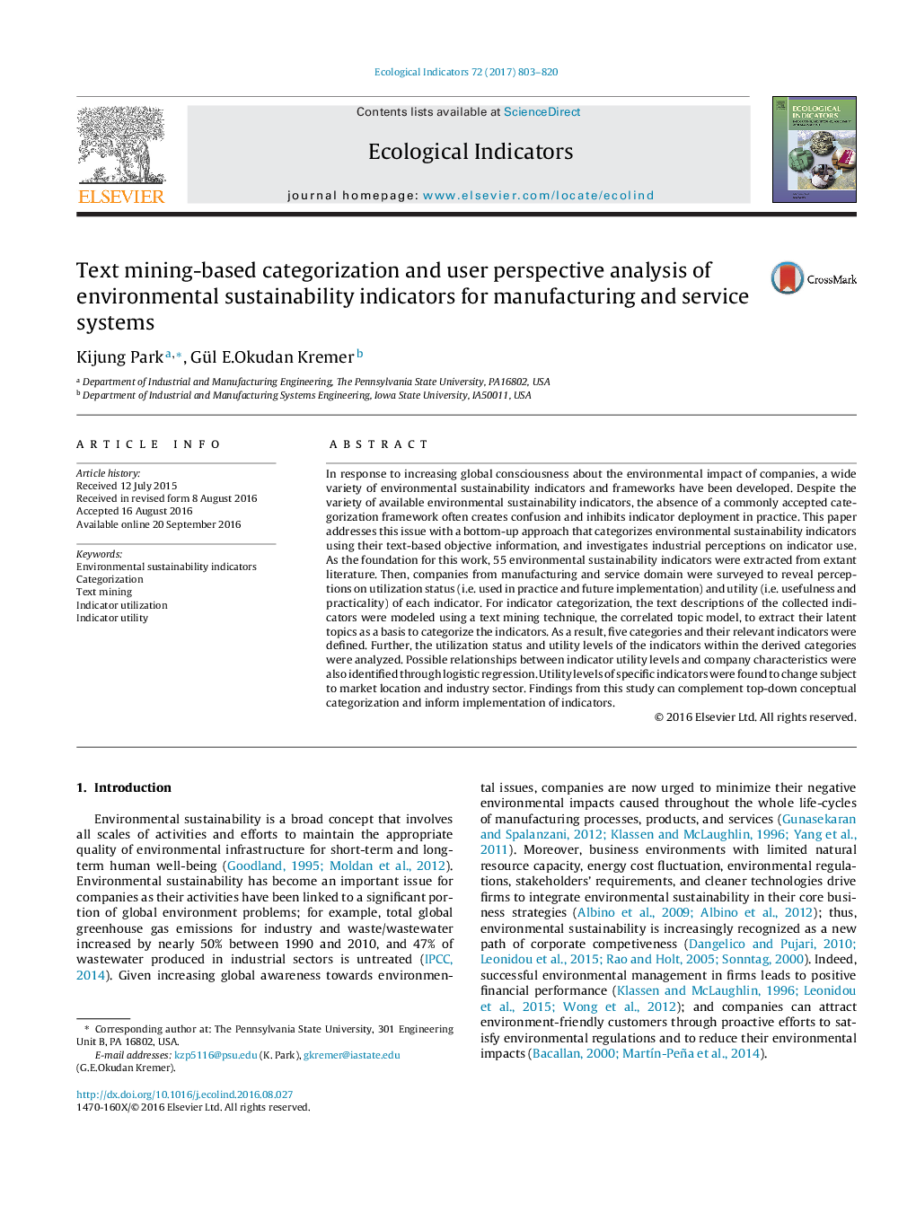 Text mining-based categorization and user perspective analysis of environmental sustainability indicators for manufacturing and service systems