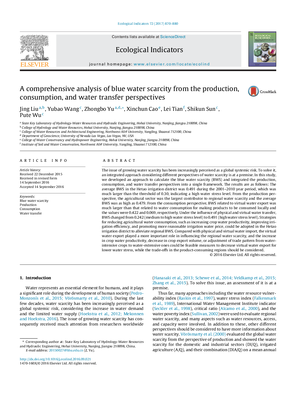 A comprehensive analysis of blue water scarcity from the production, consumption, and water transfer perspectives