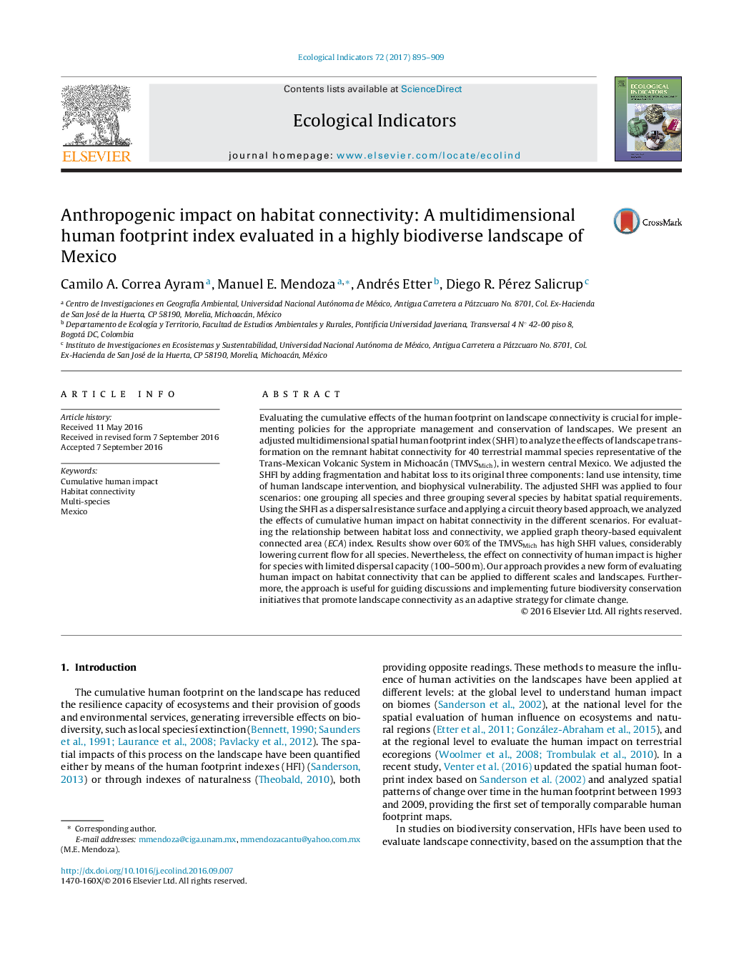 Anthropogenic impact on habitat connectivity: A multidimensional human footprint index evaluated in a highly biodiverse landscape of Mexico