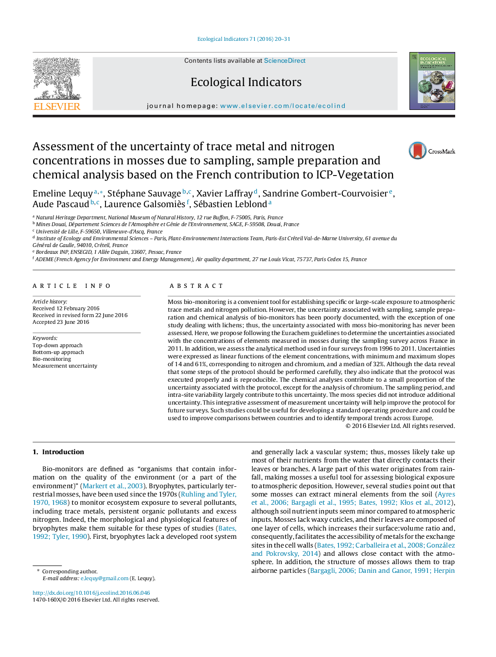 Assessment of the uncertainty of trace metal and nitrogen concentrations in mosses due to sampling, sample preparation and chemical analysis based on the French contribution to ICP-Vegetation