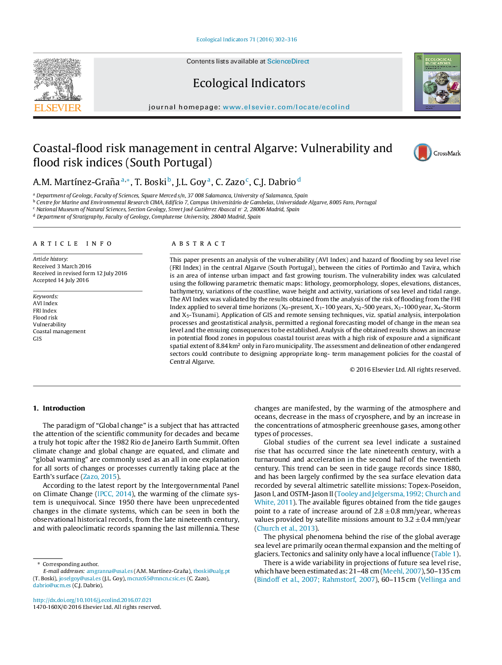 Coastal-flood risk management in central Algarve: Vulnerability and flood risk indices (South Portugal)