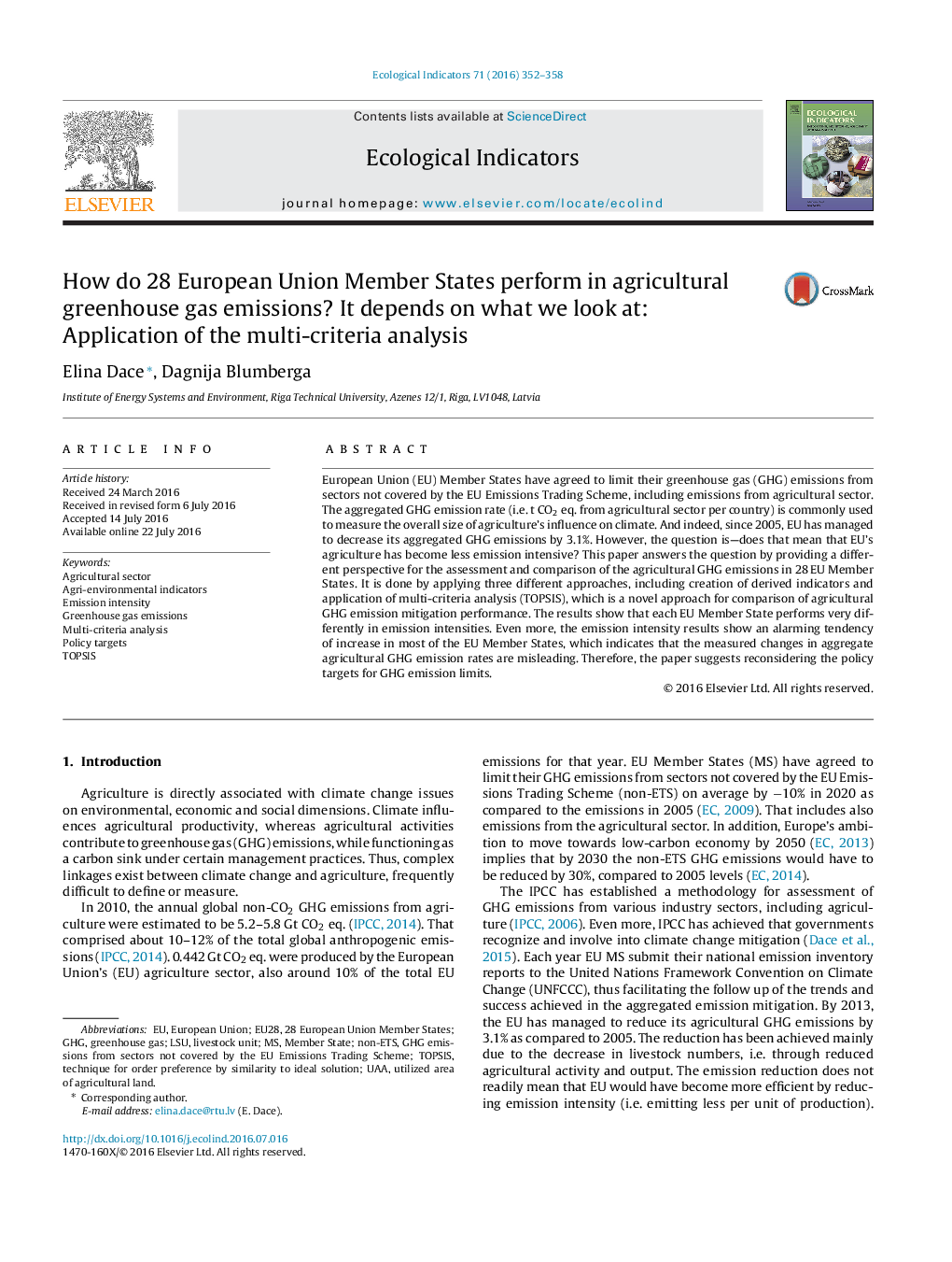 How do 28 European Union Member States perform in agricultural greenhouse gas emissions? It depends on what we look at: Application of the multi-criteria analysis