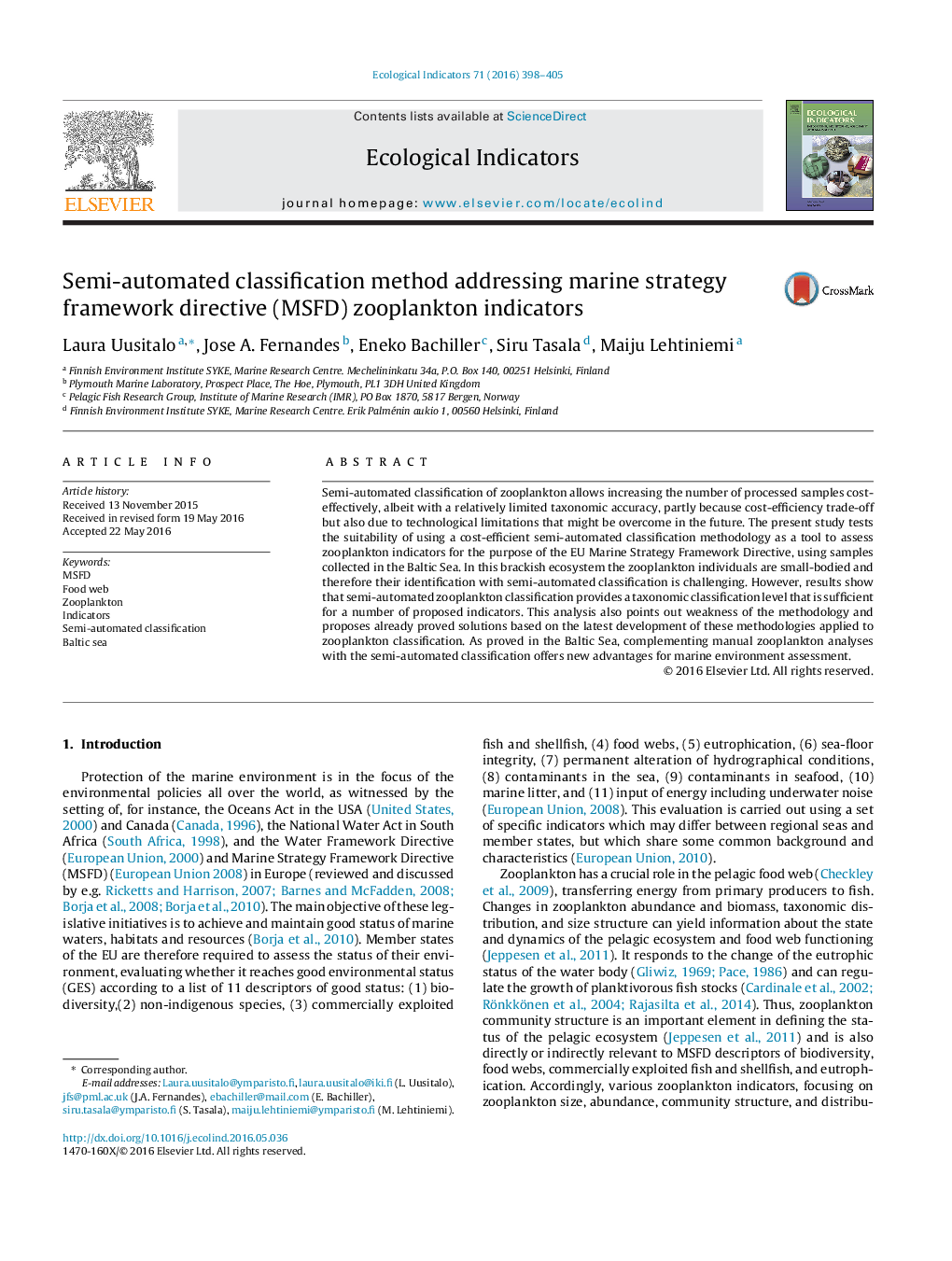 Semi-automated classification method addressing marine strategy framework directive (MSFD) zooplankton indicators