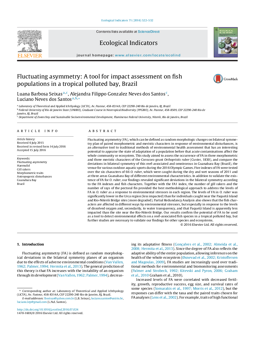 Fluctuating asymmetry: A tool for impact assessment on fish populations in a tropical polluted bay, Brazil