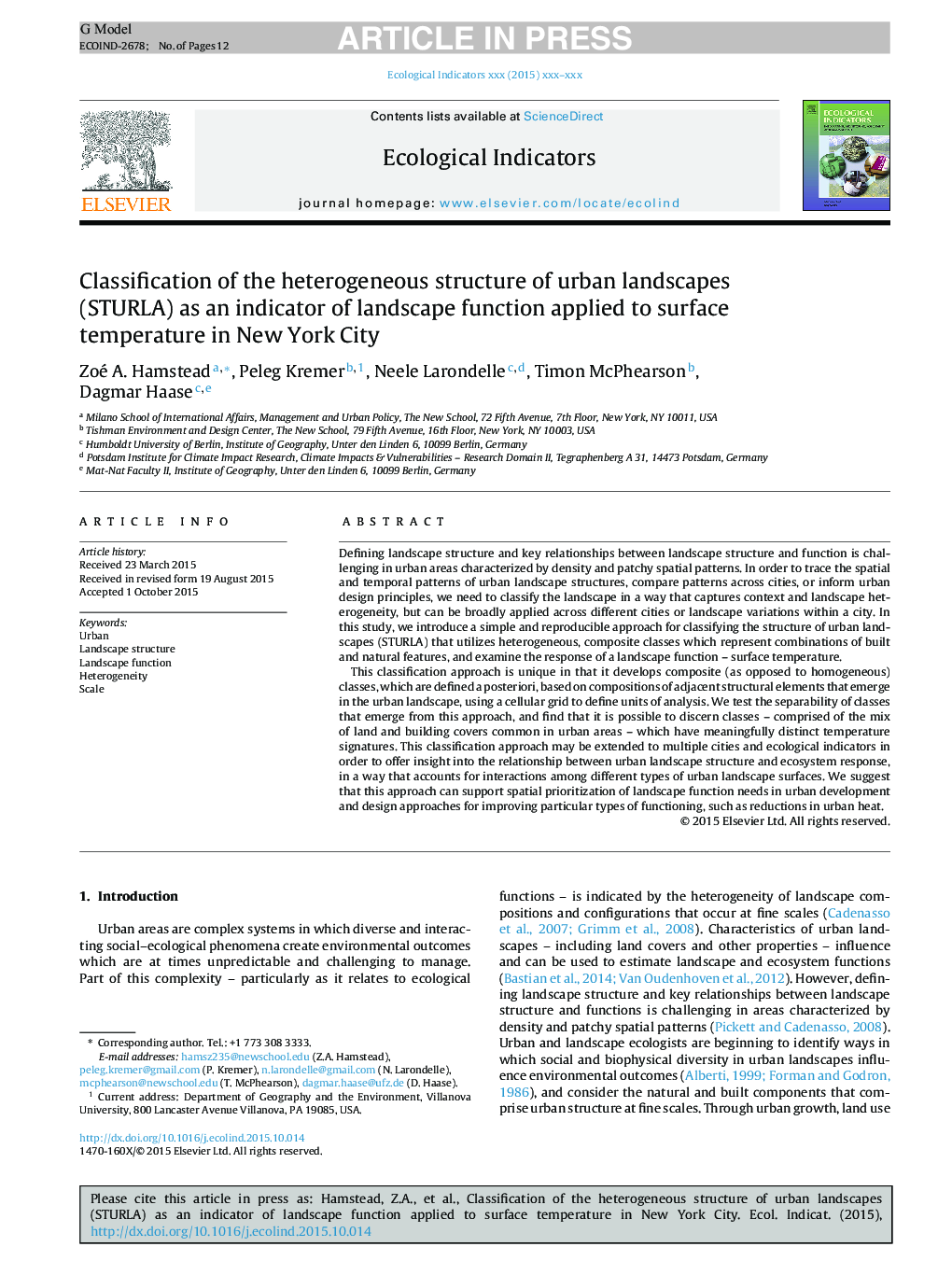 Classification of the heterogeneous structure of urban landscapes (STURLA) as an indicator of landscape function applied to surface temperature in New York City