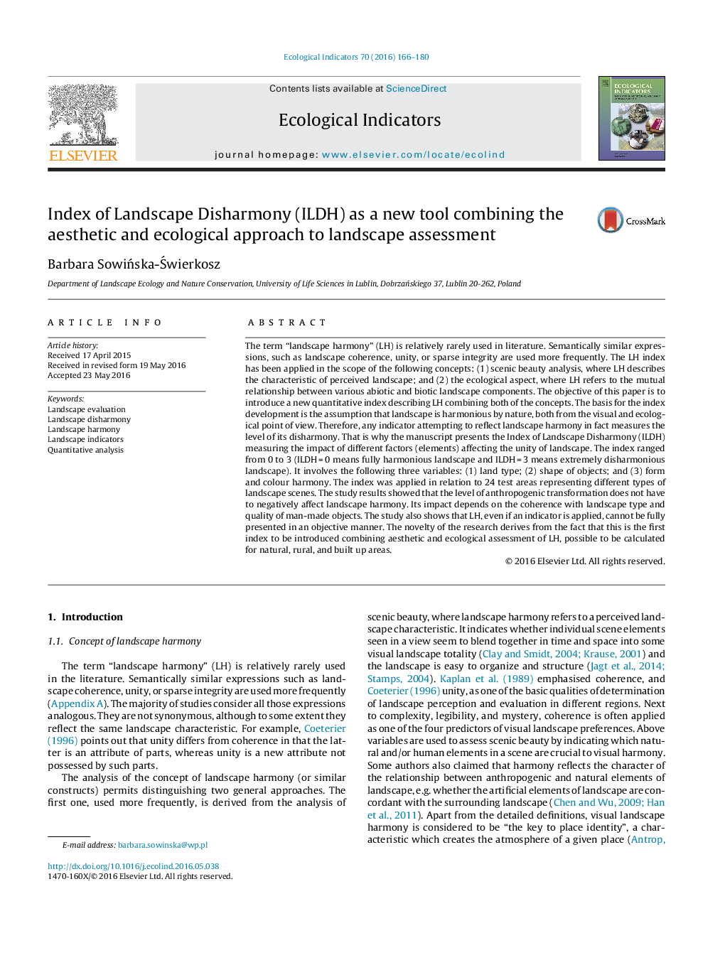 Index of Landscape Disharmony (ILDH) as a new tool combining the aesthetic and ecological approach to landscape assessment