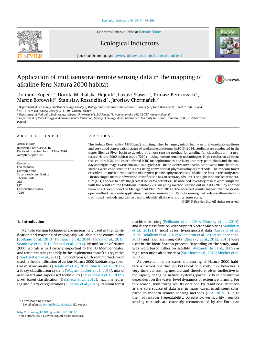 Application of multisensoral remote sensing data in the mapping of alkaline fens Natura 2000 habitat