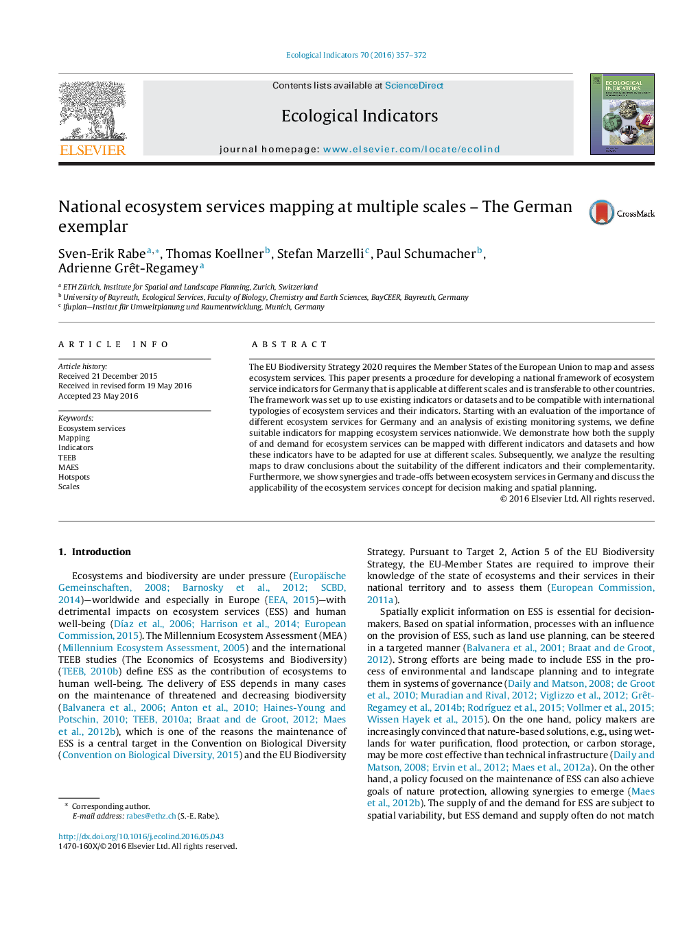 National ecosystem services mapping at multiple scales â¿¿ The German exemplar