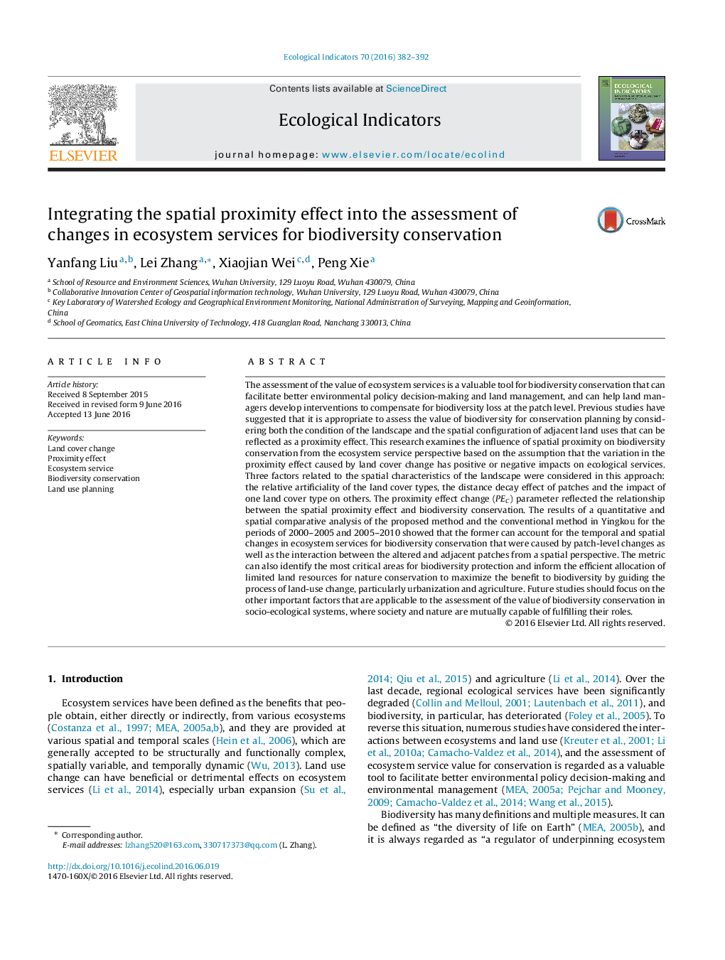 Integrating the spatial proximity effect into the assessment of changes in ecosystem services for biodiversity conservation