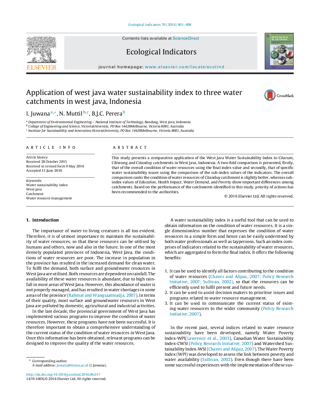 Application of west java water sustainability index to three water catchments in west java, Indonesia