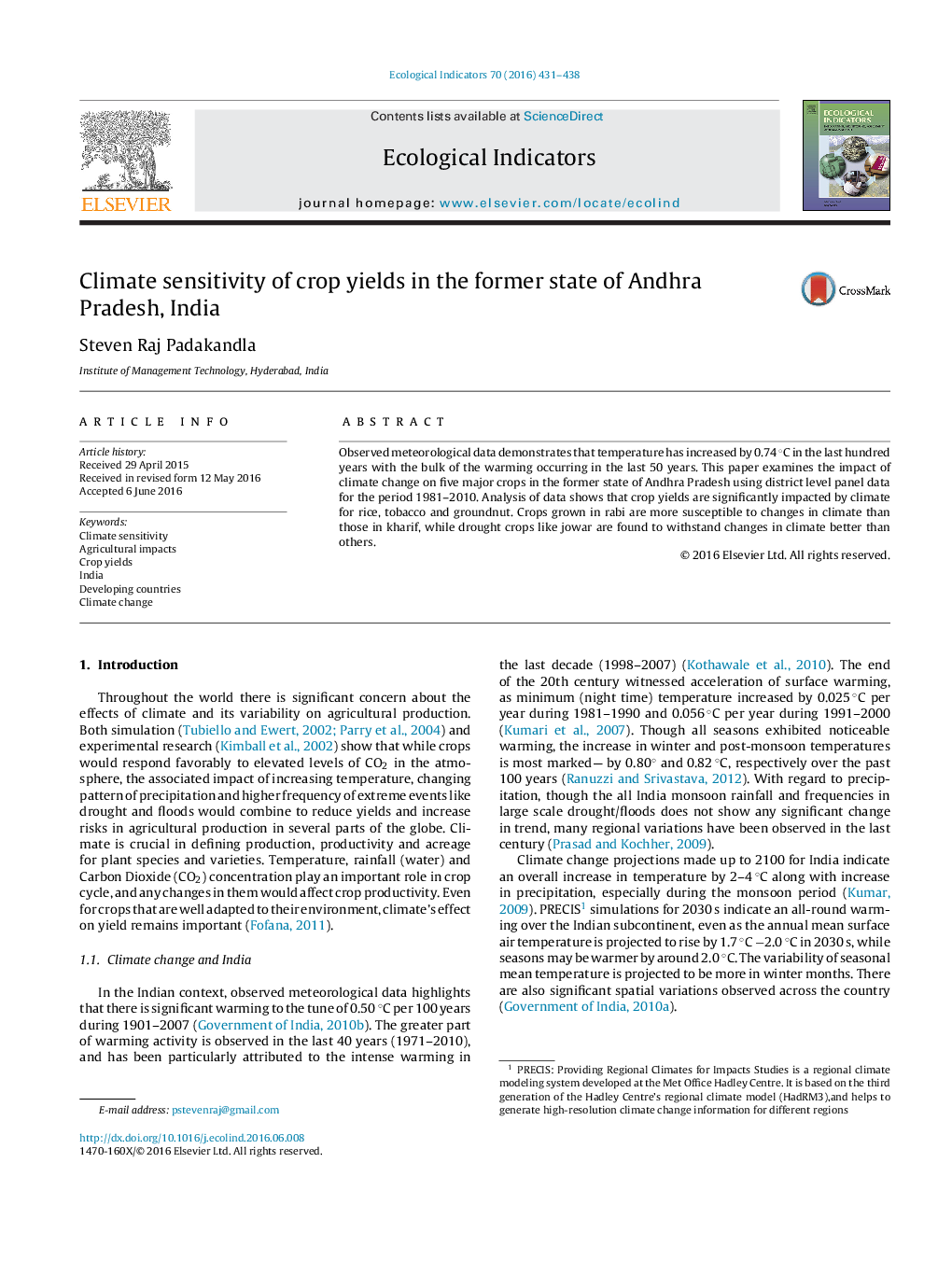 Climate sensitivity of crop yields in the former state of Andhra Pradesh, India