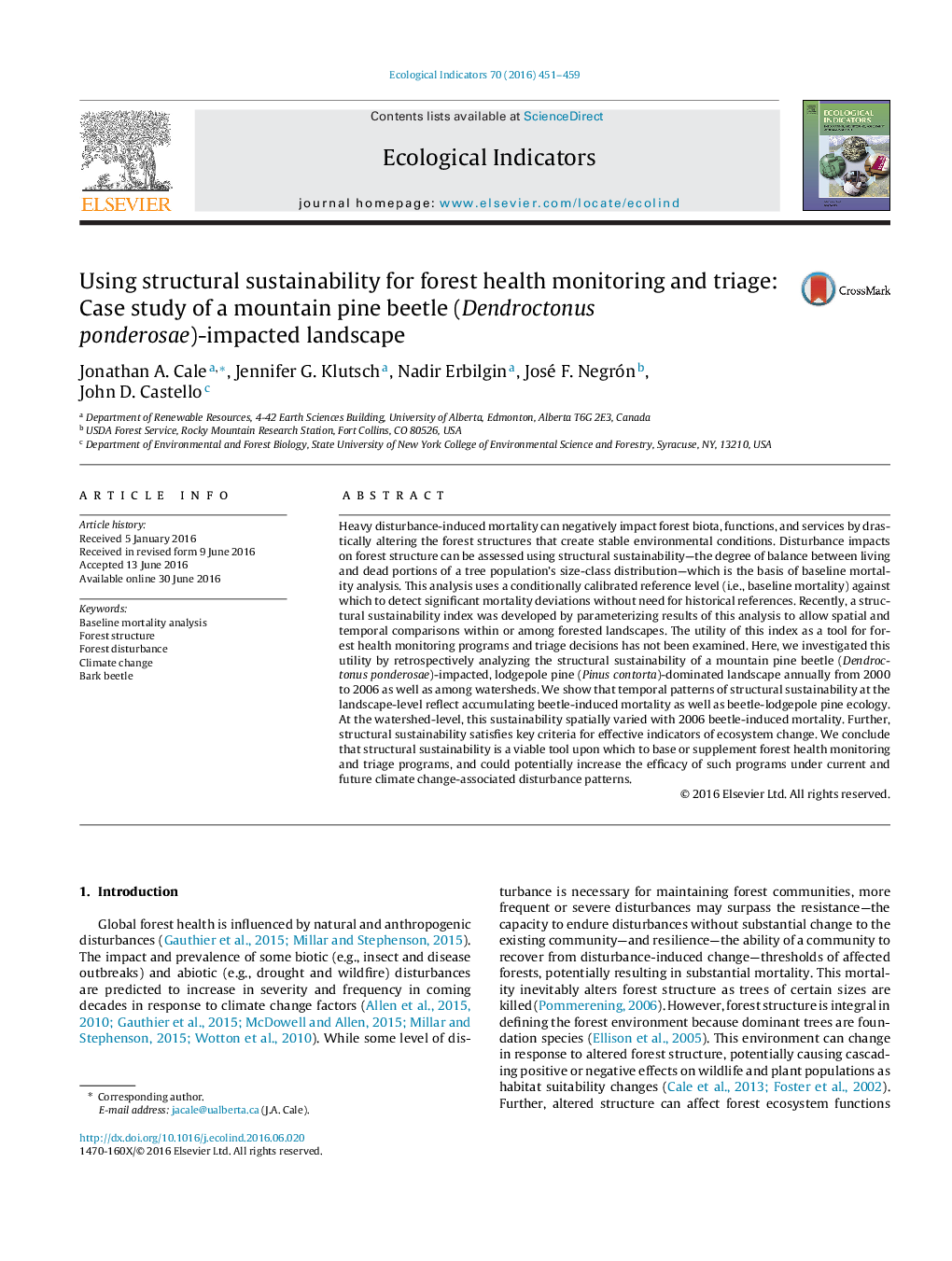 Using structural sustainability for forest health monitoring and triage: Case study of a mountain pine beetle (Dendroctonus ponderosae)-impacted landscape