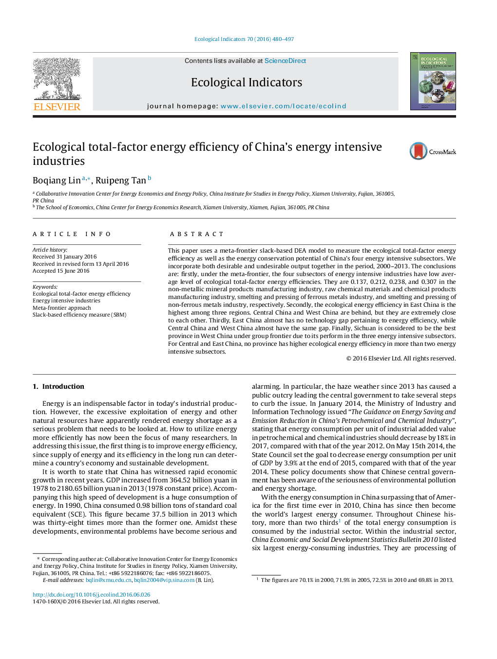 Ecological total-factor energy efficiency of China's energy intensive industries