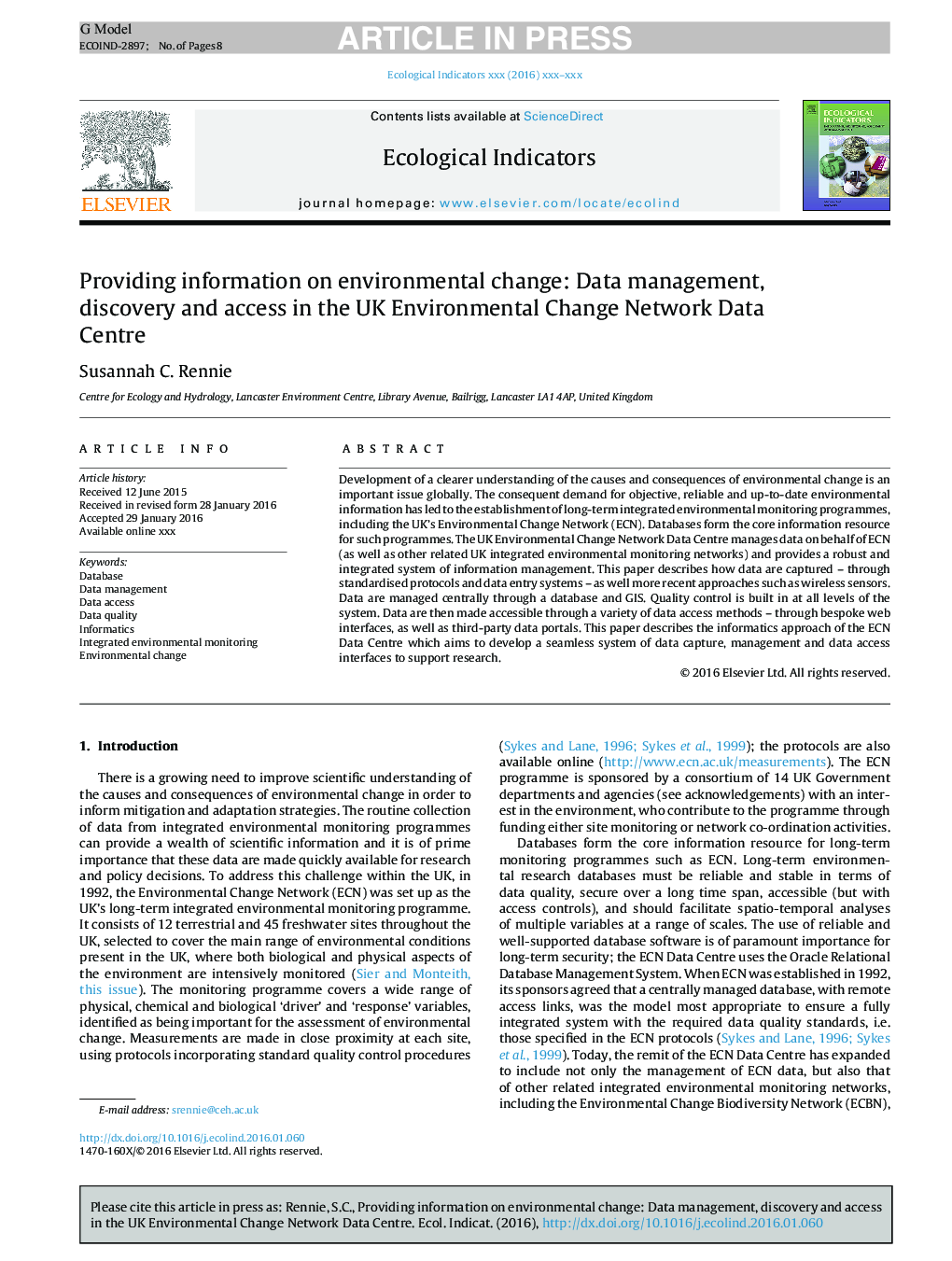 Providing information on environmental change: Data management, discovery and access in the UK Environmental Change Network Data Centre