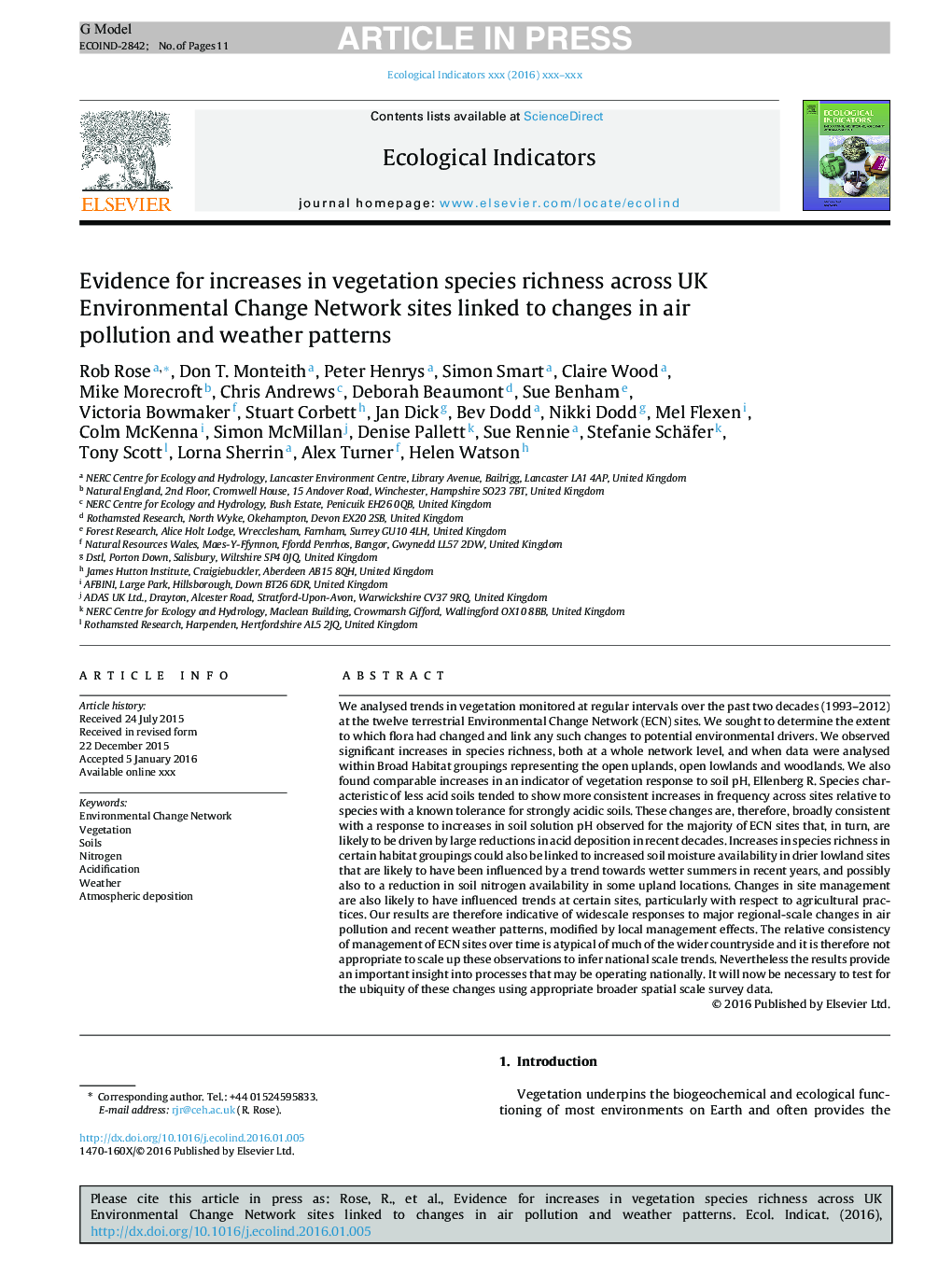 Evidence for increases in vegetation species richness across UK Environmental Change Network sites linked to changes in air pollution and weather patterns