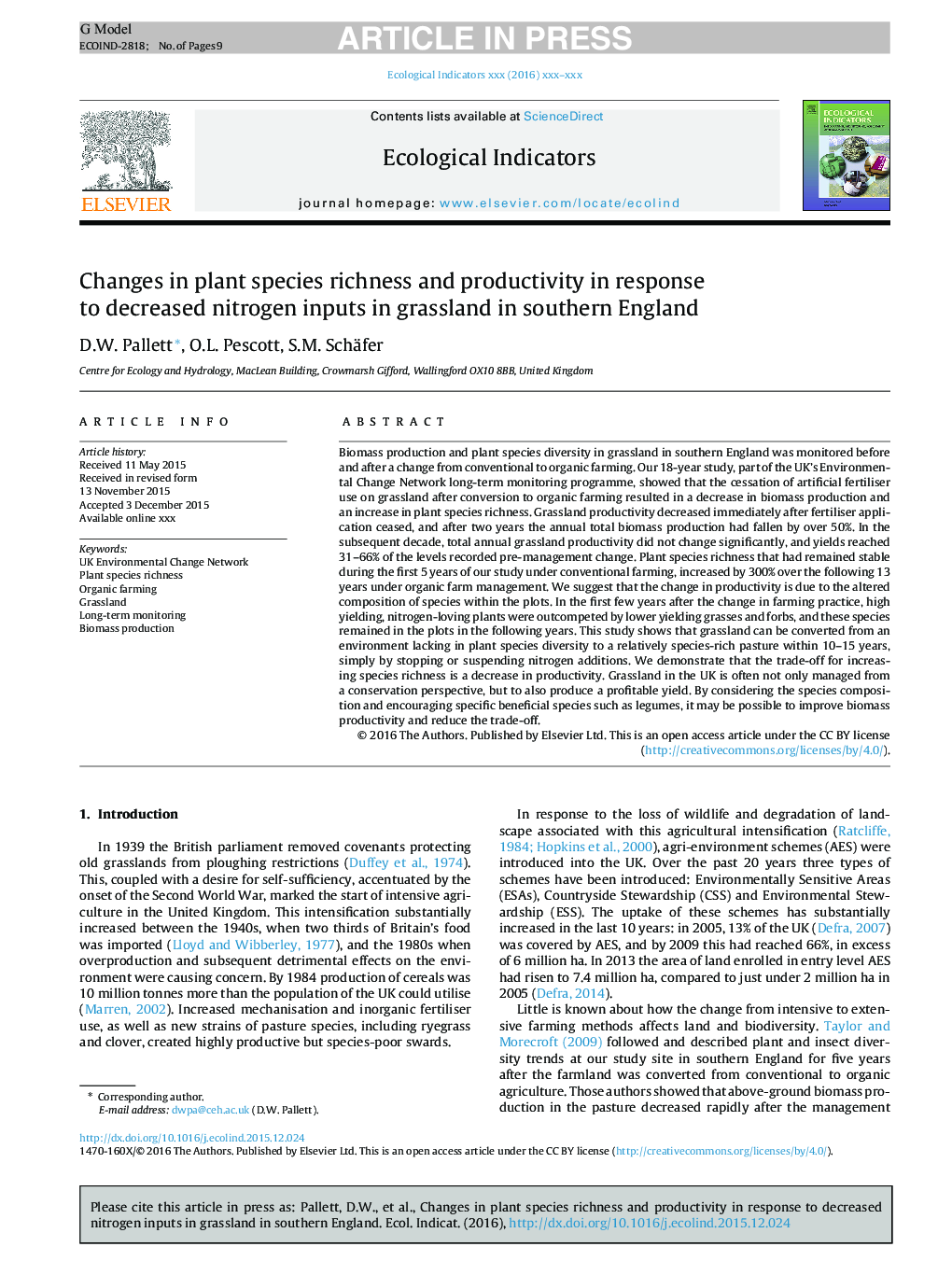 Changes in plant species richness and productivity in response to decreased nitrogen inputs in grassland in southern England