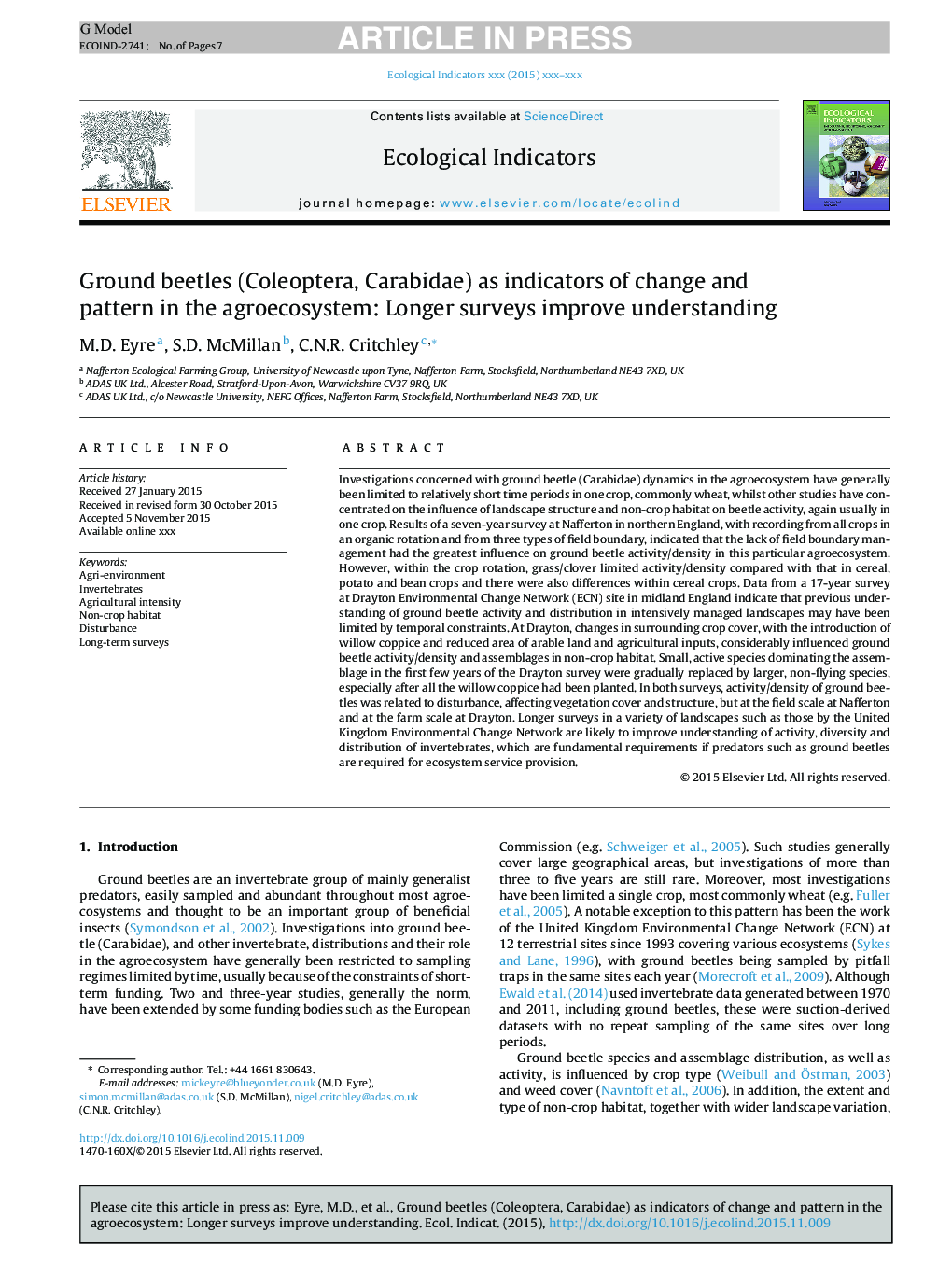 Ground beetles (Coleoptera, Carabidae) as indicators of change and pattern in the agroecosystem: Longer surveys improve understanding