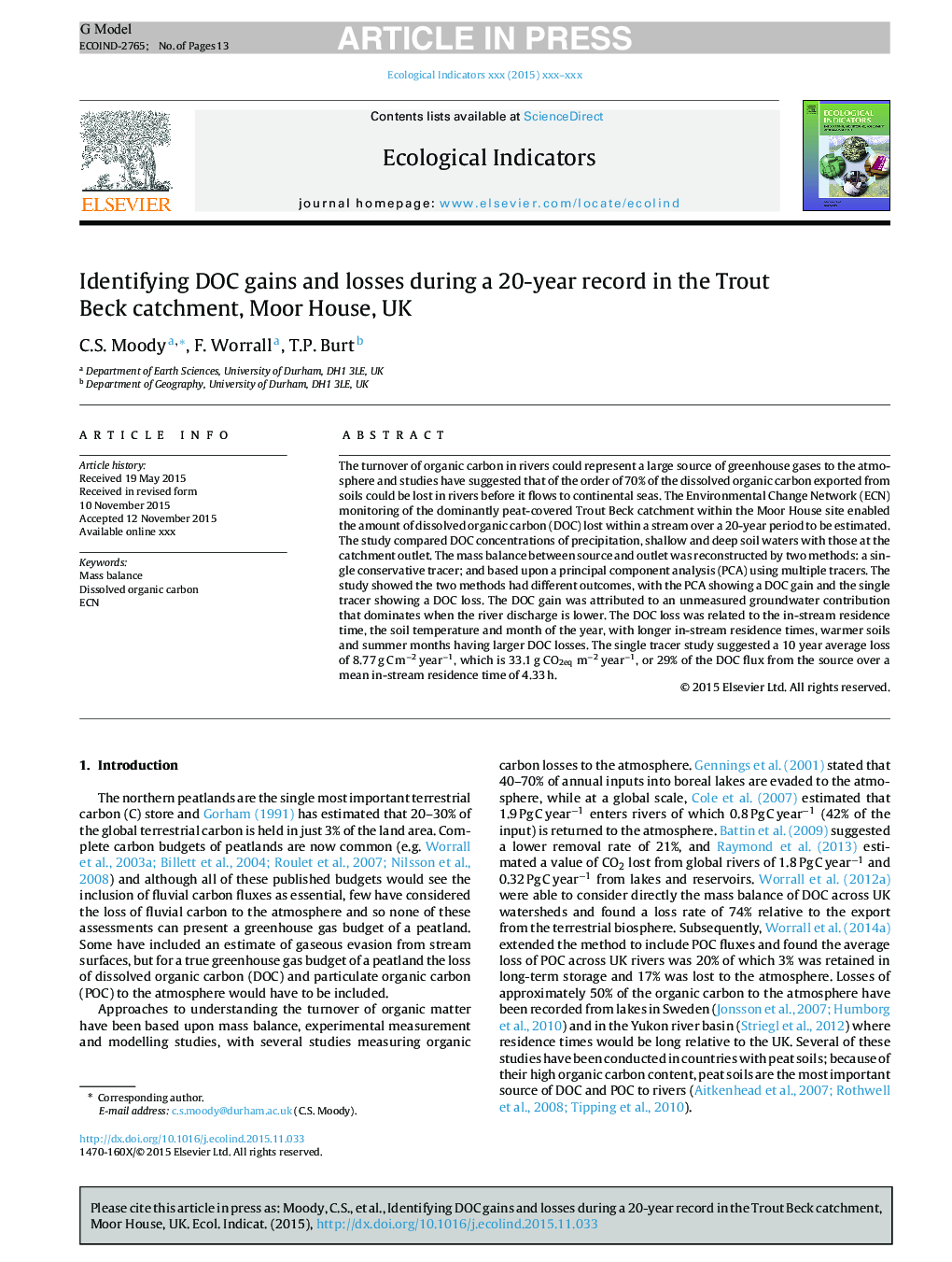 Identifying DOC gains and losses during a 20-year record in the Trout Beck catchment, Moor House, UK