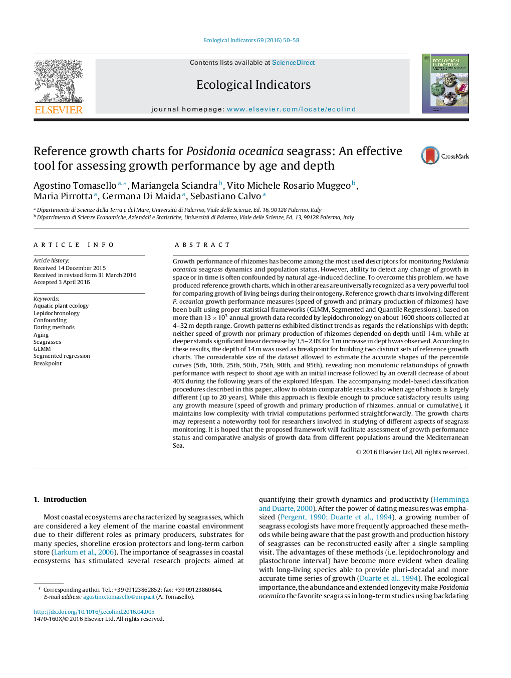 Reference growth charts for Posidonia oceanica seagrass: An effective tool for assessing growth performance by age and depth